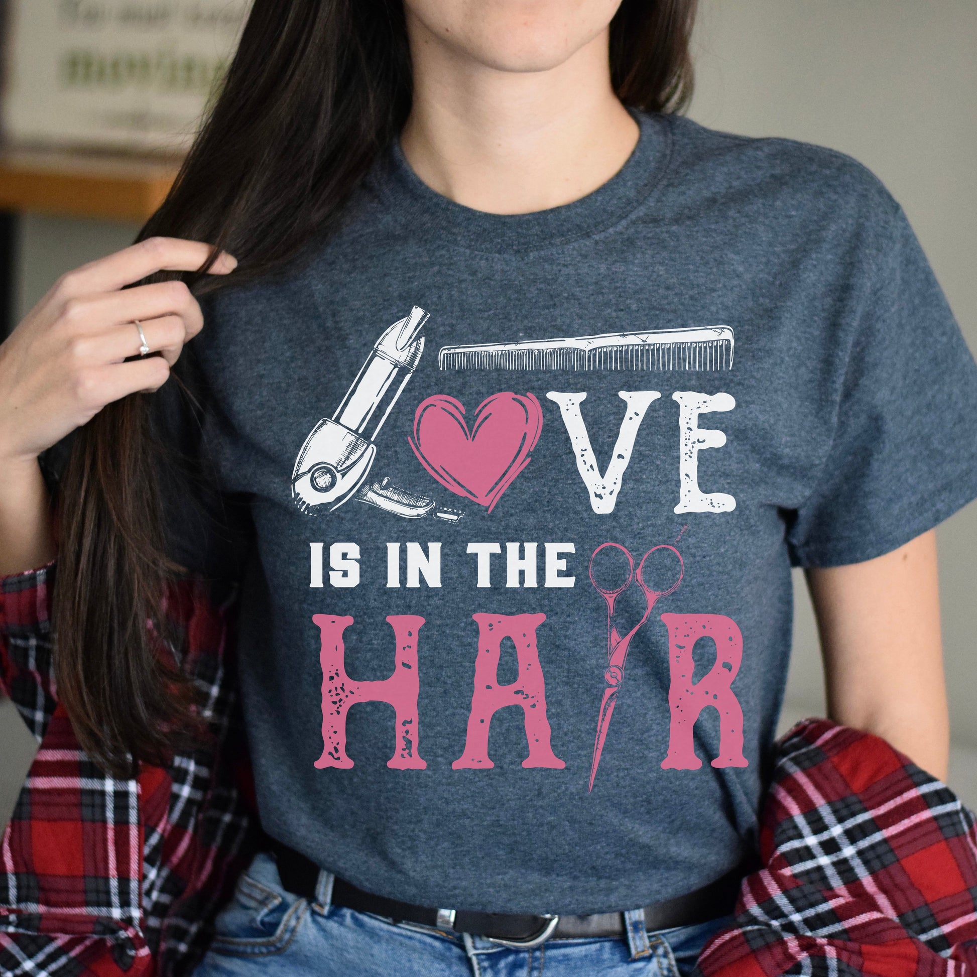 Love is in the hair Hairstylist Unisex T-shirt hairdresser haircutter tee black dark heather-Dark Heather-Family-Gift-Planet