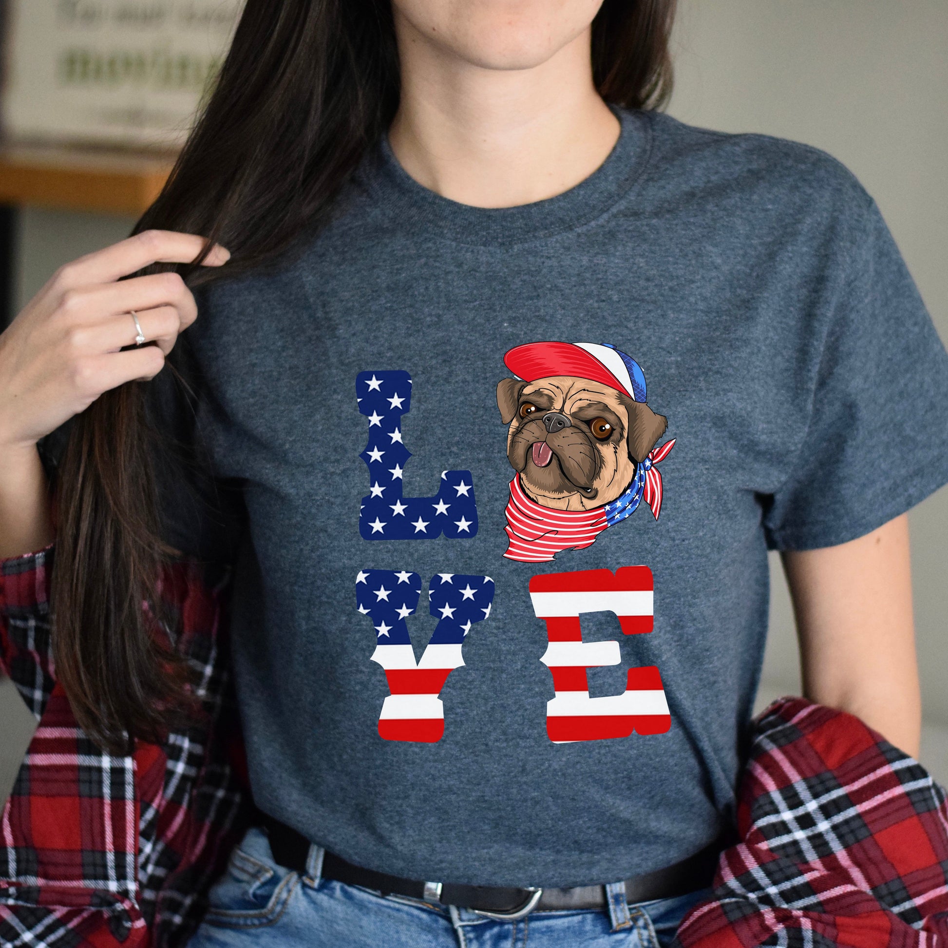 Love Dog Us flag Unisex T-Shirt gift American dog owner tee black dark heather-Dark Heather-Family-Gift-Planet
