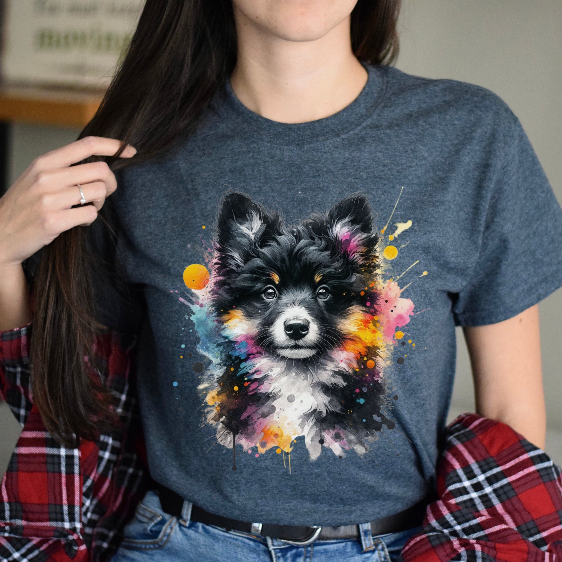 Artistic Mudi dog mama Color Splash Unisex T-shirt Black Navy Dark Heather-Dark Heather-Family-Gift-Planet