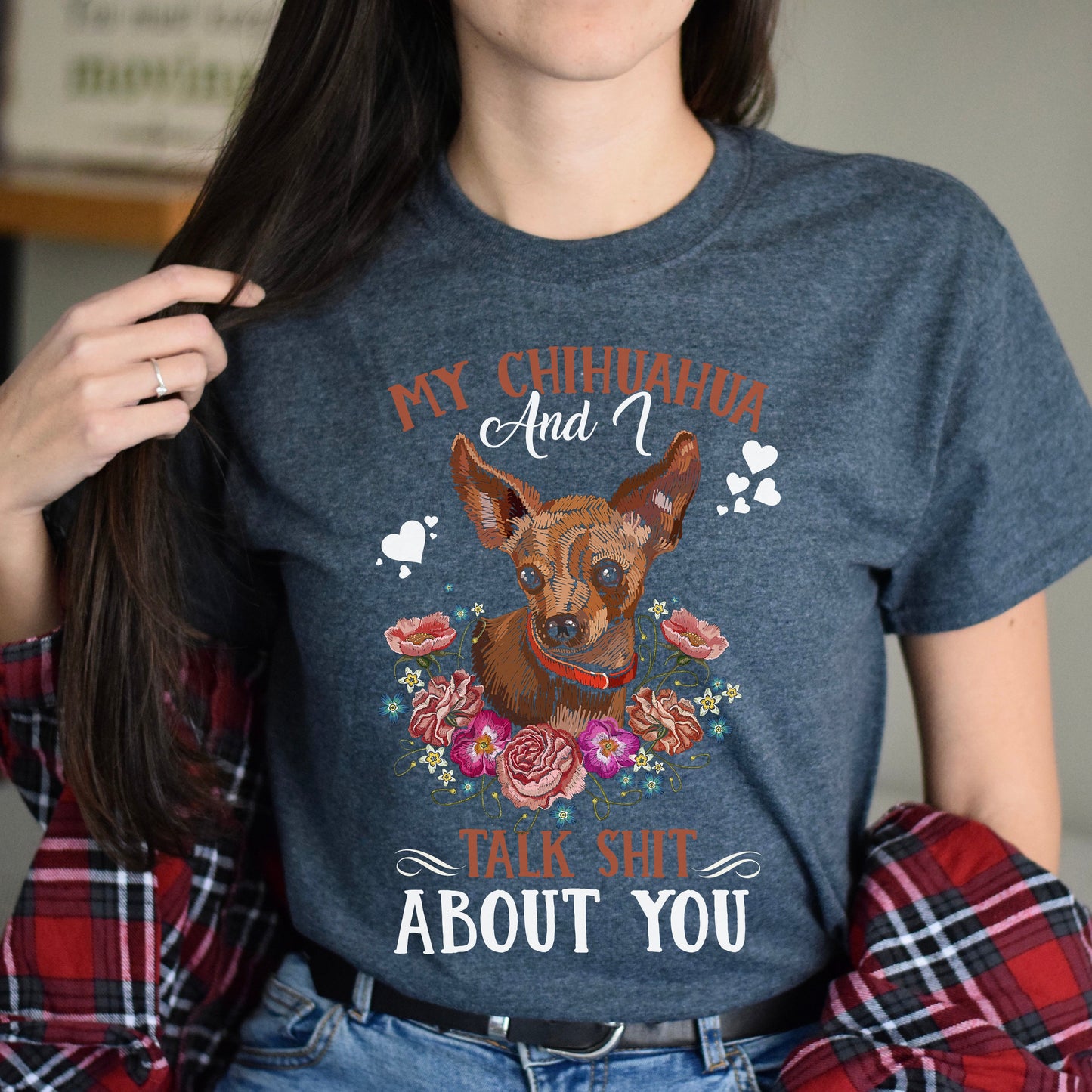 My chihuahua and I talk shit about you Unisex t-shirt gift black navy dark heather-Dark Heather-Family-Gift-Planet