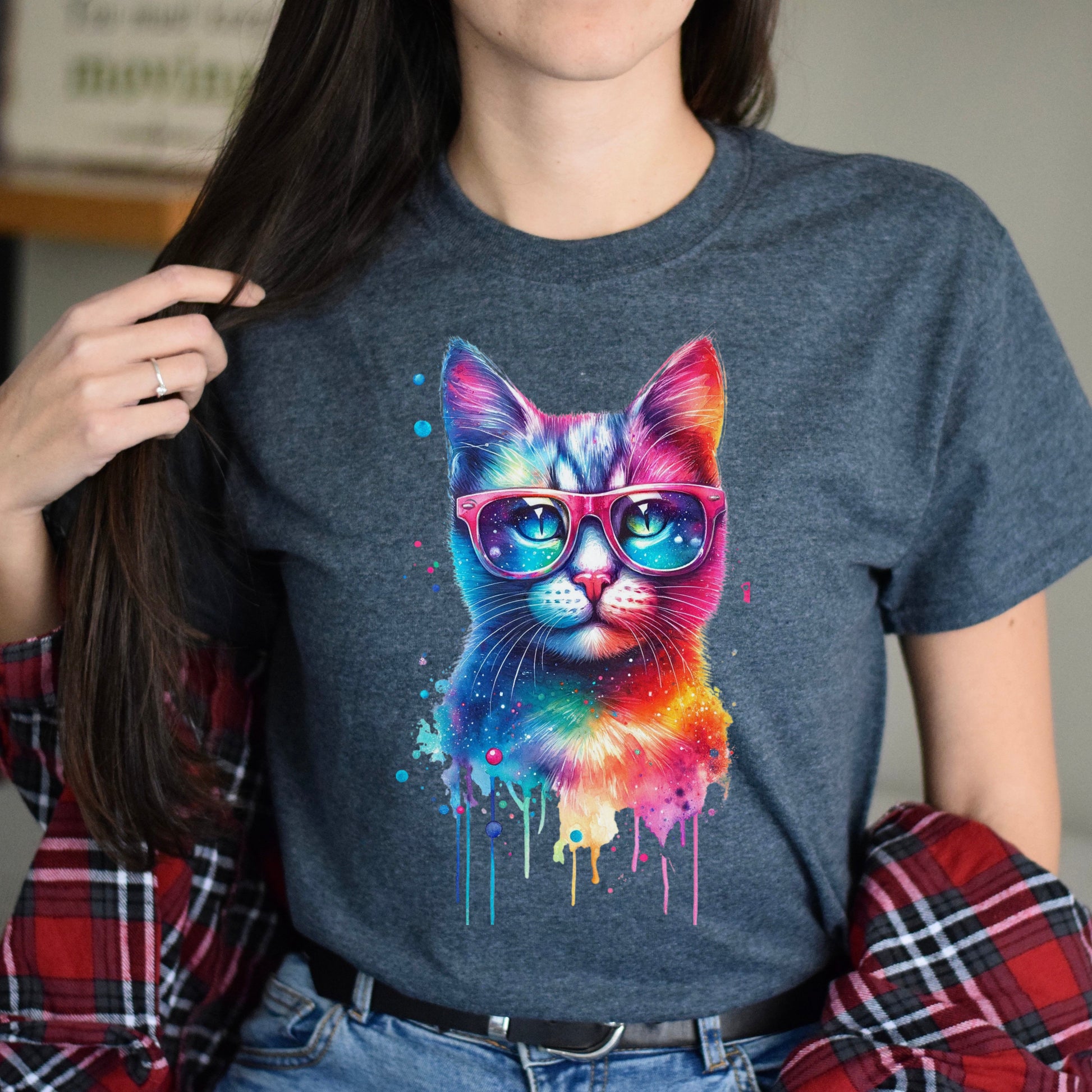 Neon cool cat Color Splash Unisex T-shirt Black Navy Dark Heather-Dark Heather-Family-Gift-Planet