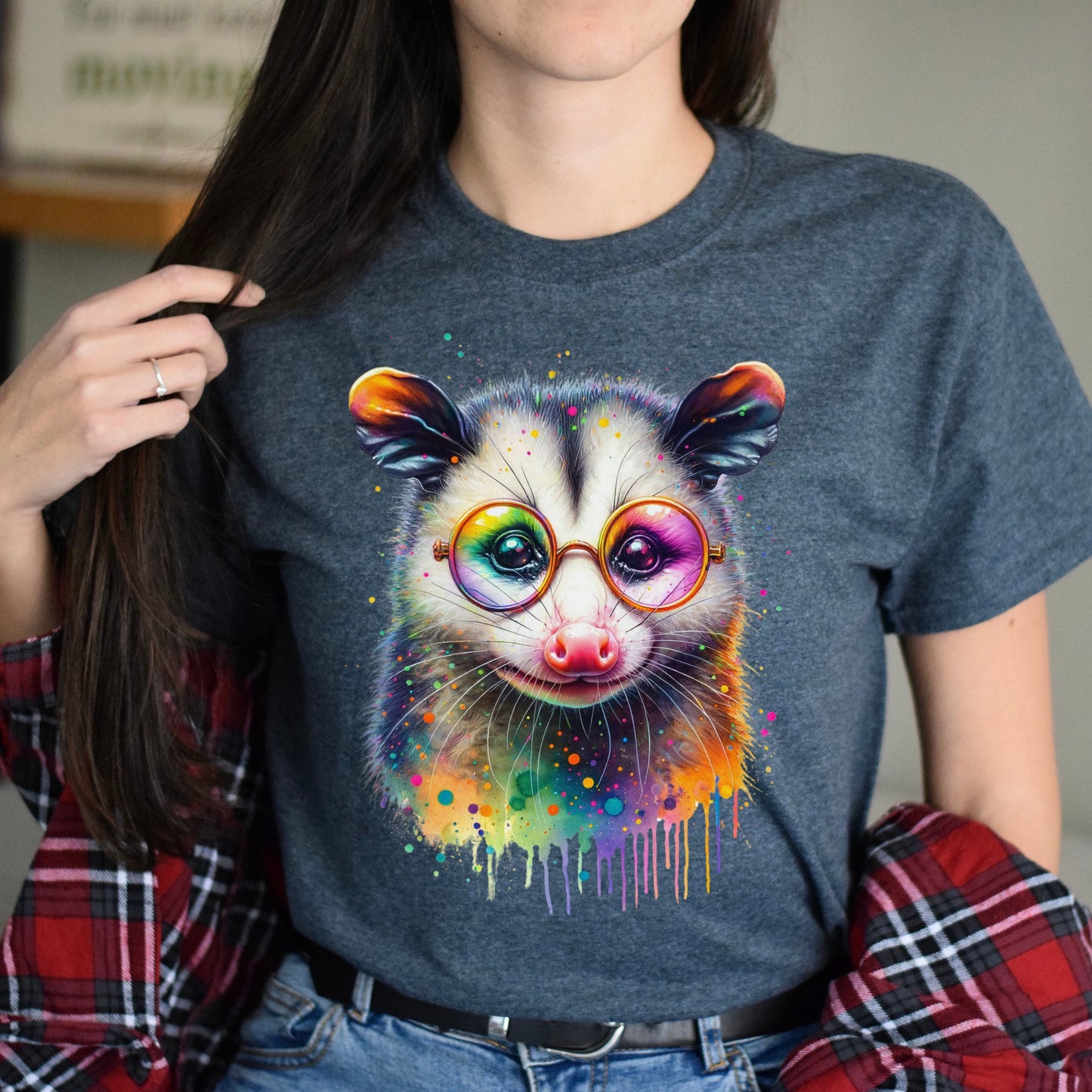 Opossum with glasses Color Splash Unisex T-shirt Black Navy Dark Heather-Dark Heather-Family-Gift-Planet