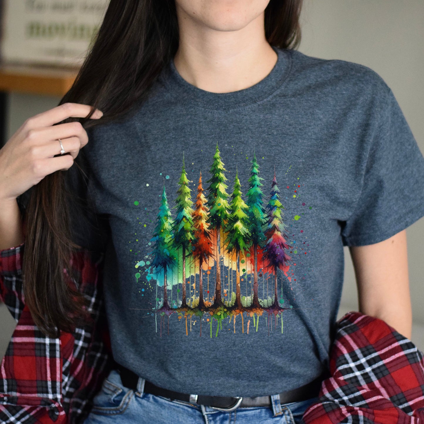 Mysterious Pine tree forest Color Splash Unisex T-shirt Black Navy Dark Heather-Dark Heather-Family-Gift-Planet