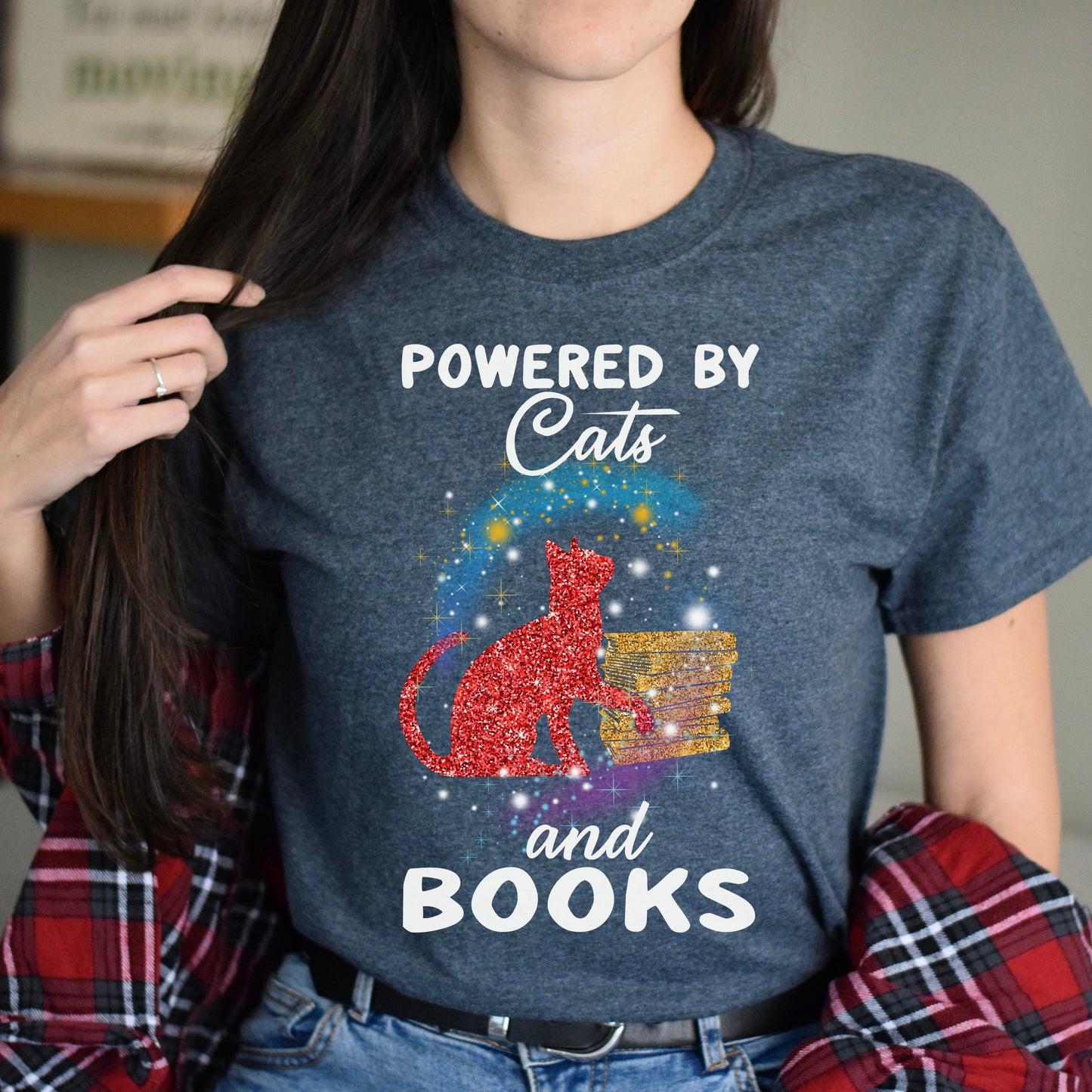 Powered by cats and books Unisex shirt Black Dark Heather-Dark Heather-Family-Gift-Planet