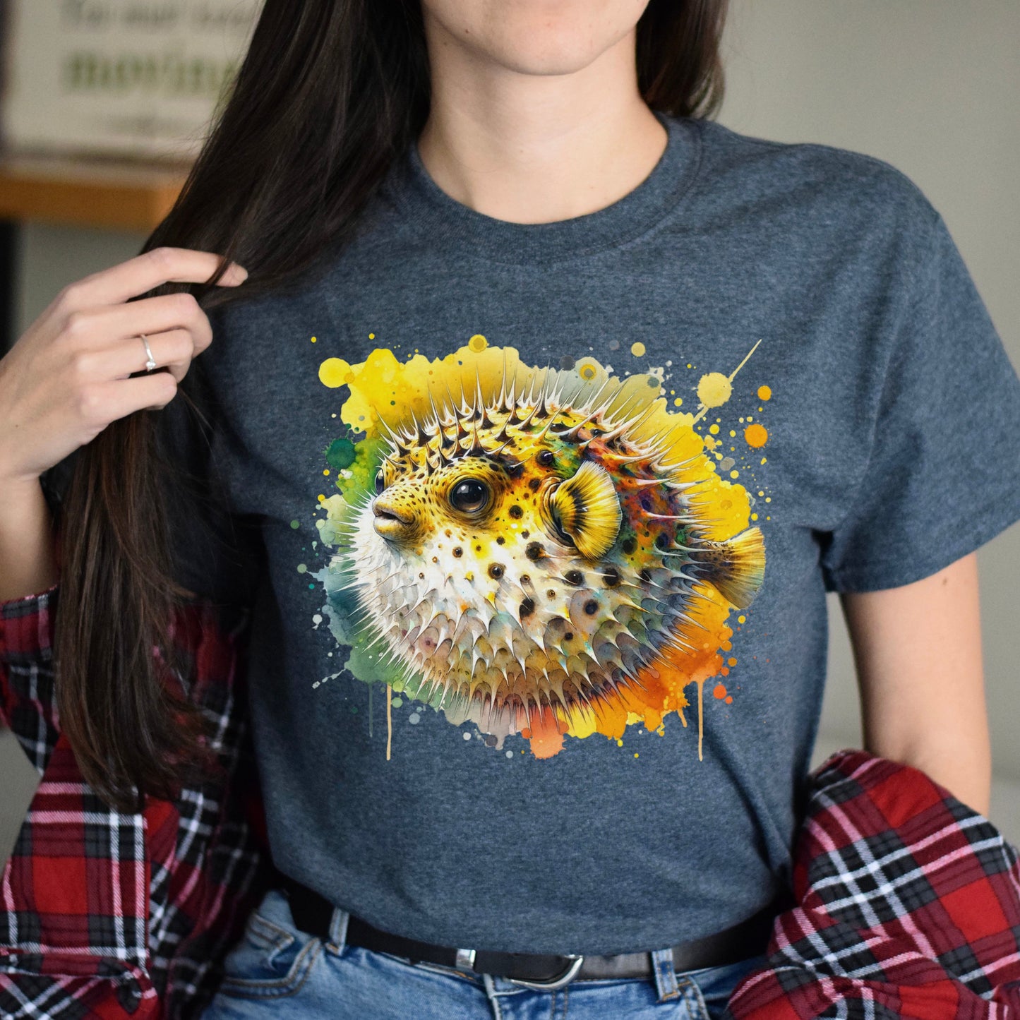 Vibrant Pufferfish Color Splash Unisex T-shirt Black Navy Dark Heather-Dark Heather-Family-Gift-Planet