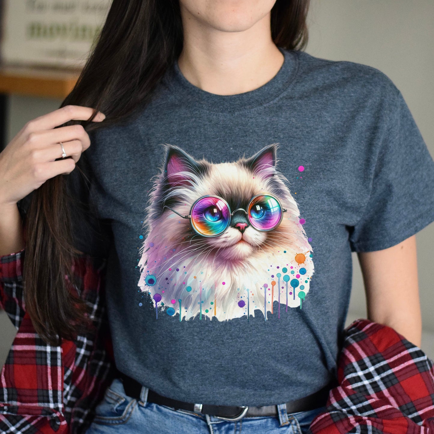 Ragdoll kitten with colorful glasses Color Splash Unisex T-shirt-Dark Heather-Family-Gift-Planet