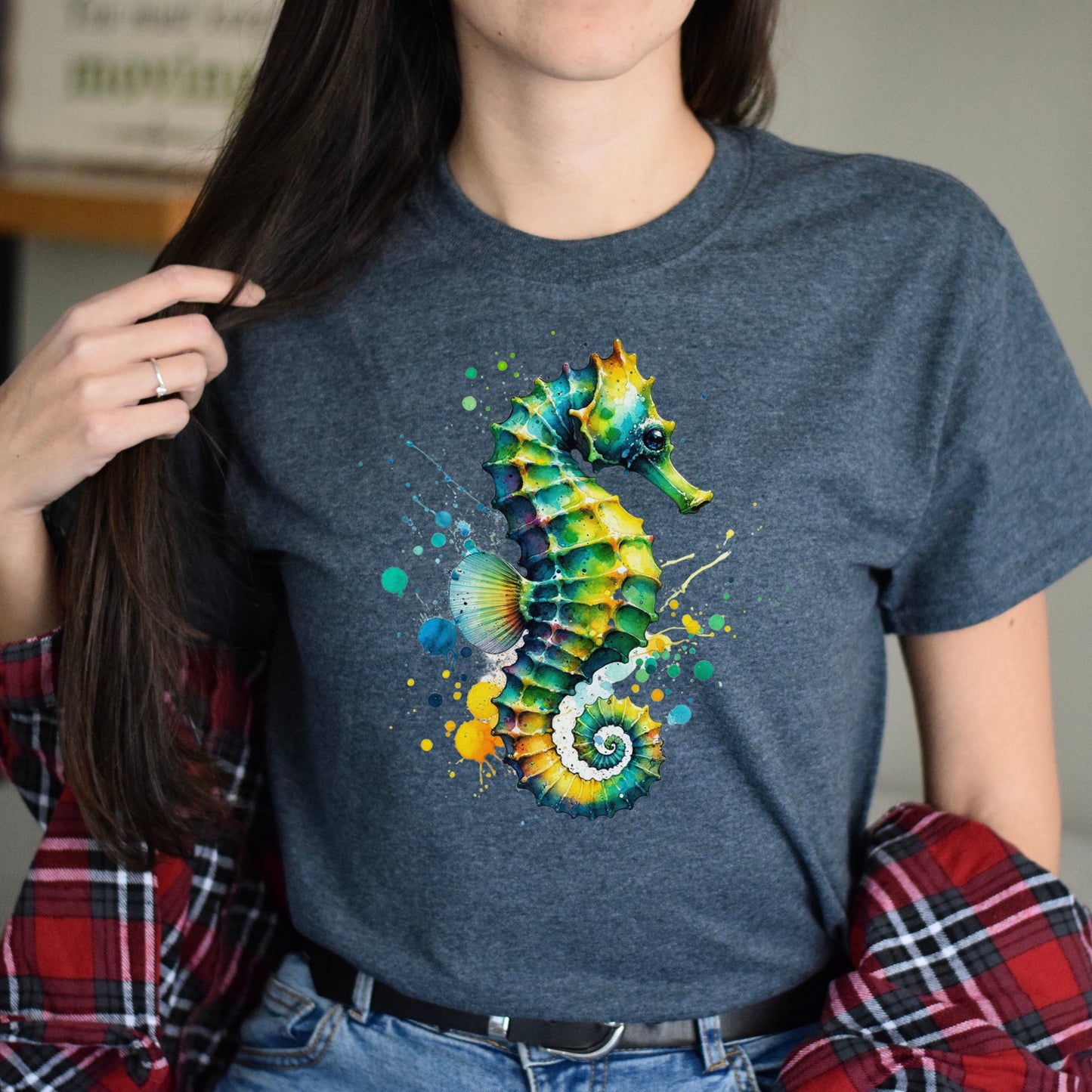 Artistic Seahorse Color Splash Unisex T-shirt Black Navy Dark Heather-Dark Heather-Family-Gift-Planet