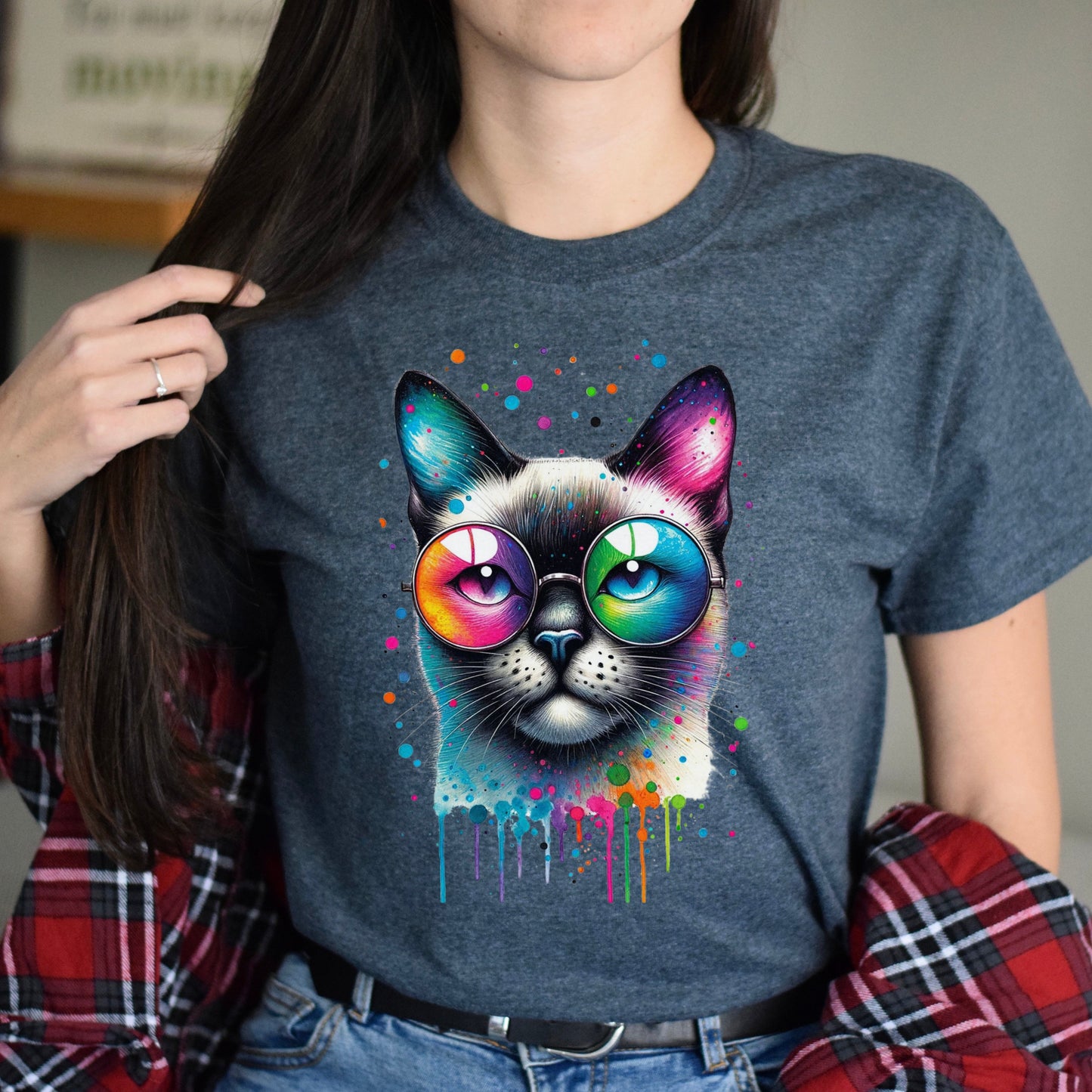 Siamese cat with eyeglasses Color Splash Unisex T-shirt Black Navy Dark Heather-Dark Heather-Family-Gift-Planet