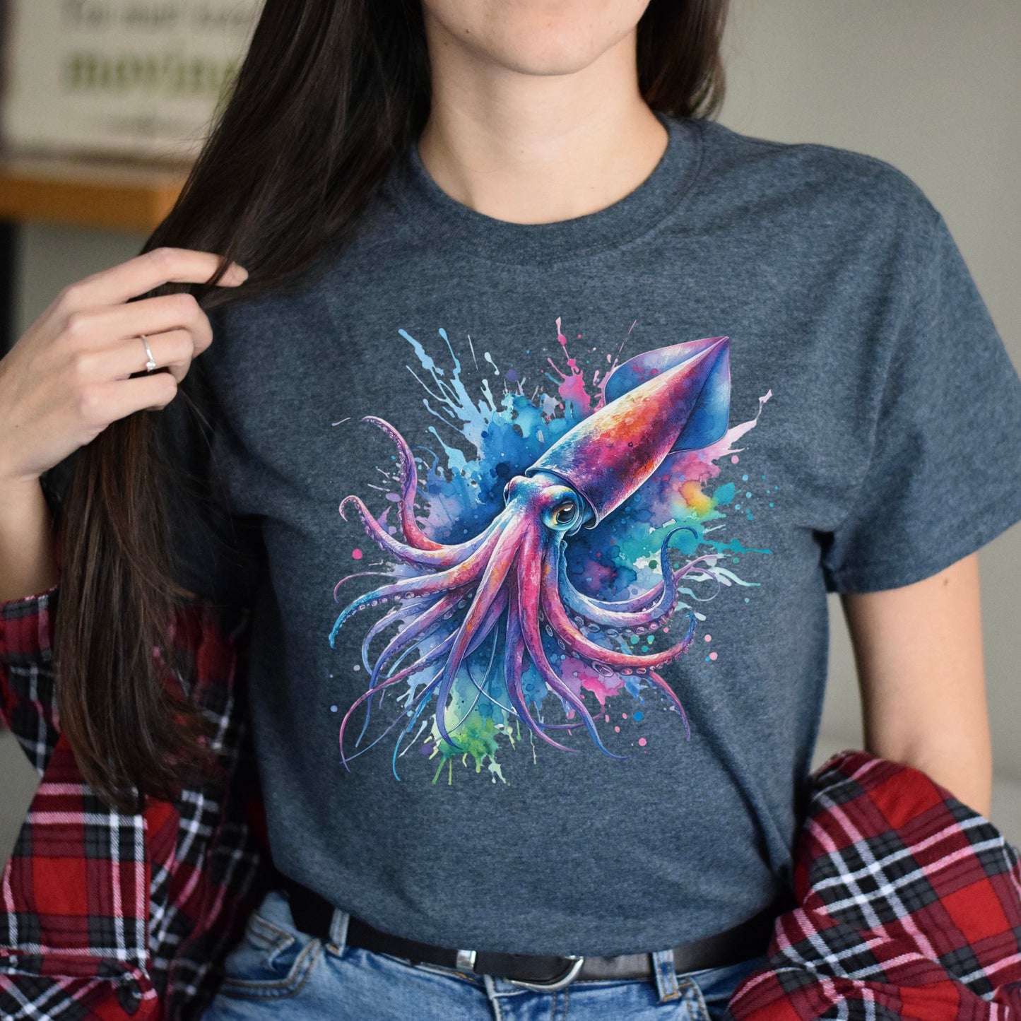 Artistic Squid Color Splash Unisex T-shirt Black Navy Dark Heather-Dark Heather-Family-Gift-Planet