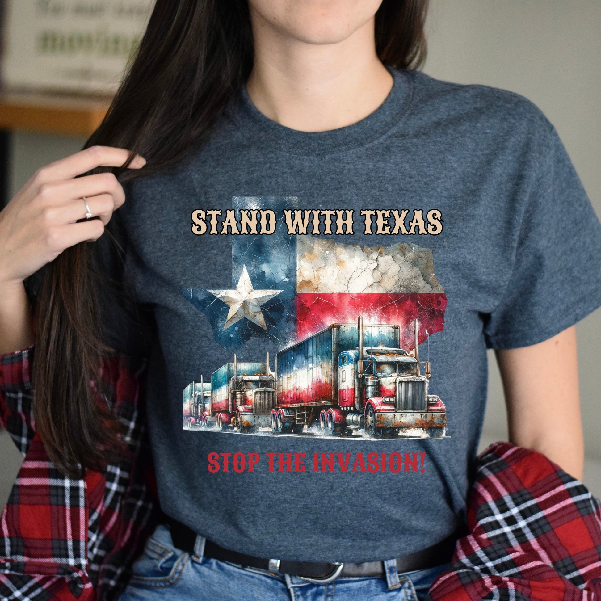 Stand with Texas Stop the invasion Unisex Tshirt border truck Texas black-Dark Heather-Family-Gift-Planet