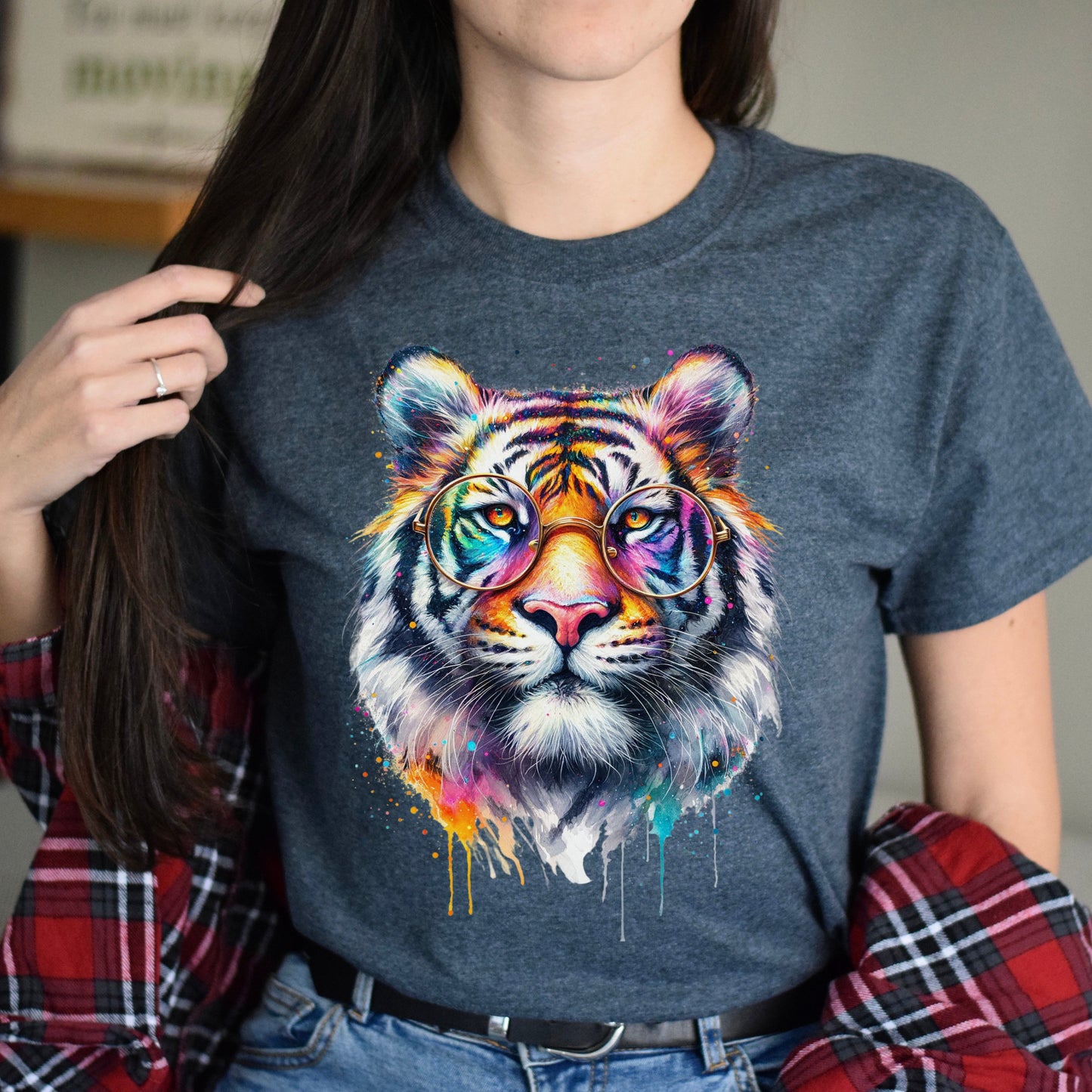 Tiger with eyeglasses Color Splash Unisex T-shirt Black Navy Dark Heather-Dark Heather-Family-Gift-Planet