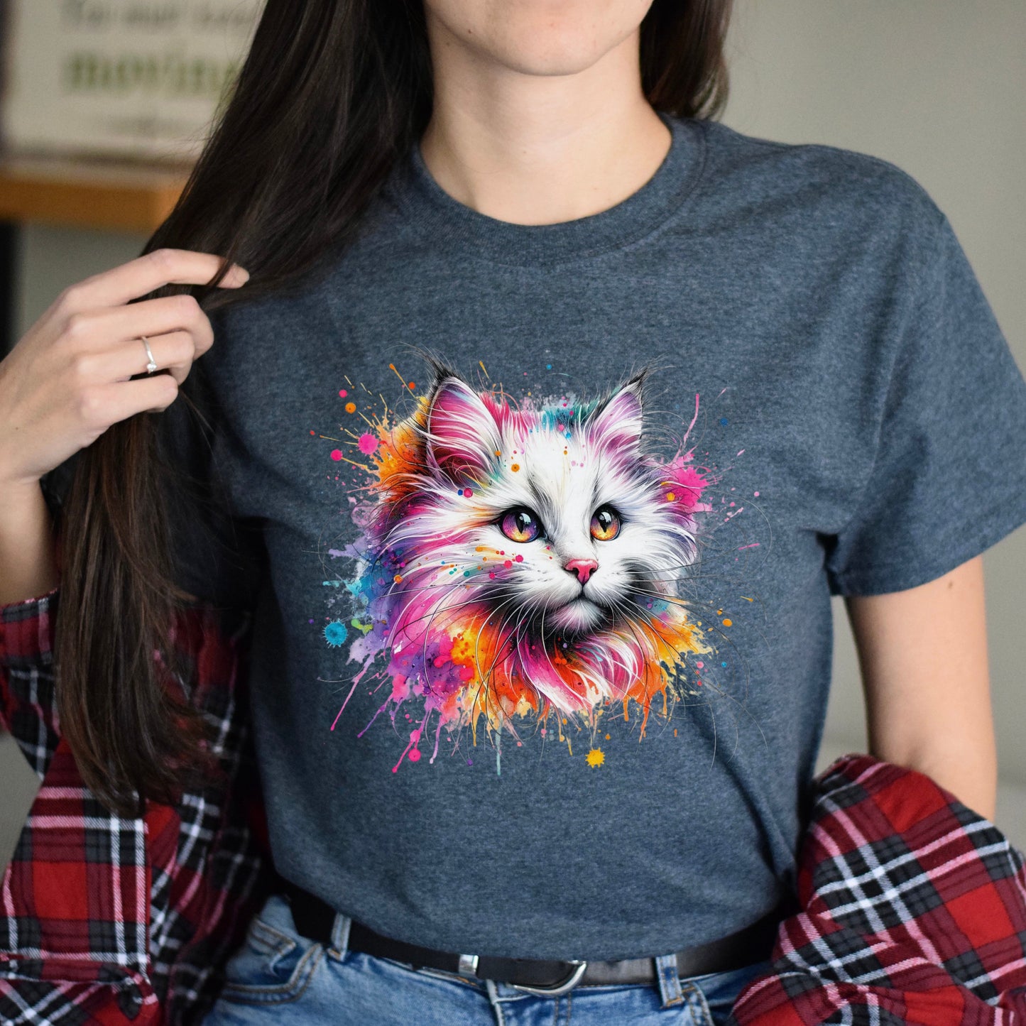 Turkish Angora Cat Color Splash Unisex T-Shirt Black Navy Dark Heather-Dark Heather-Family-Gift-Planet