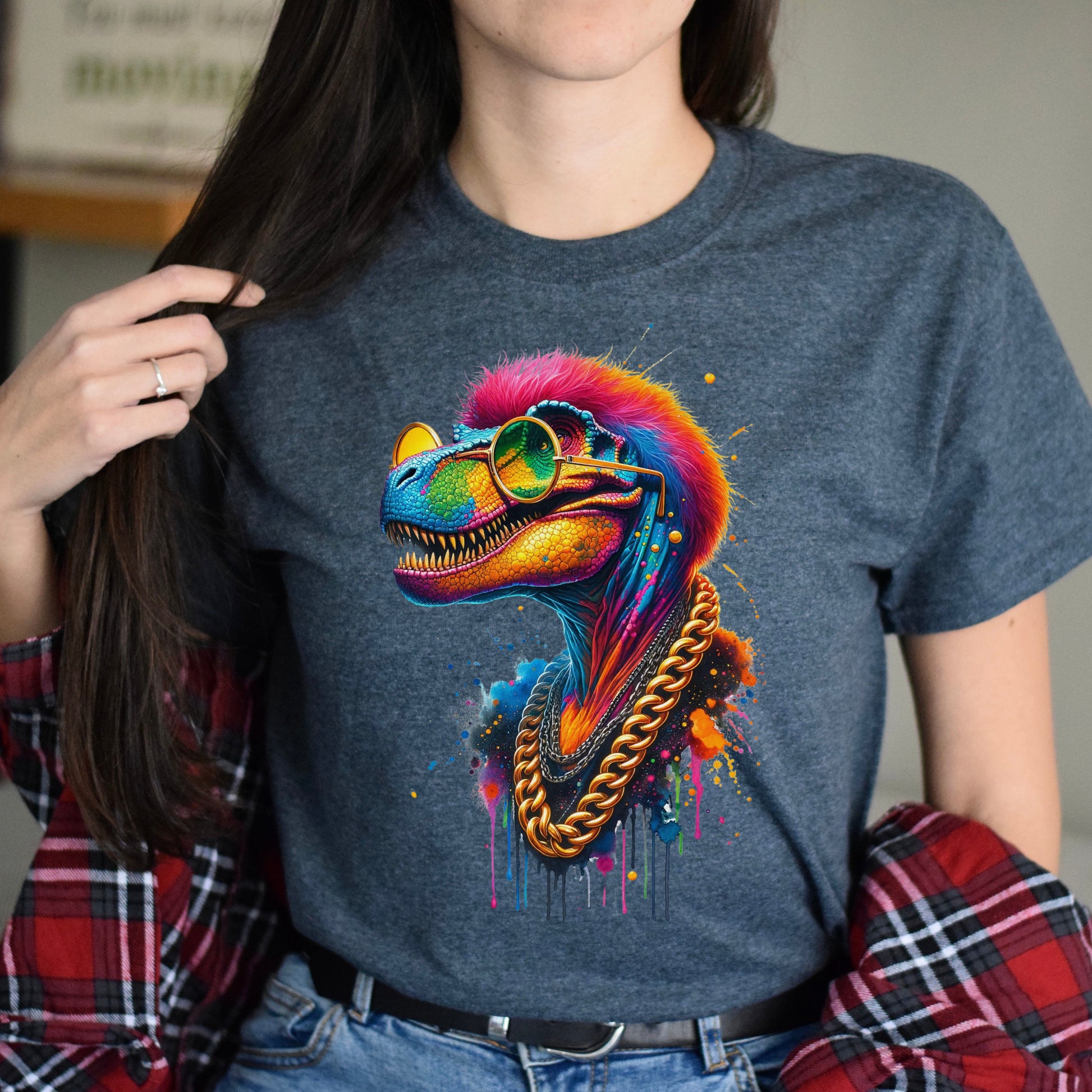 Tyrannosaurus Rex (T-Rex) in hip style Color Splash Unisex T-shirt-Dark Heather-Family-Gift-Planet
