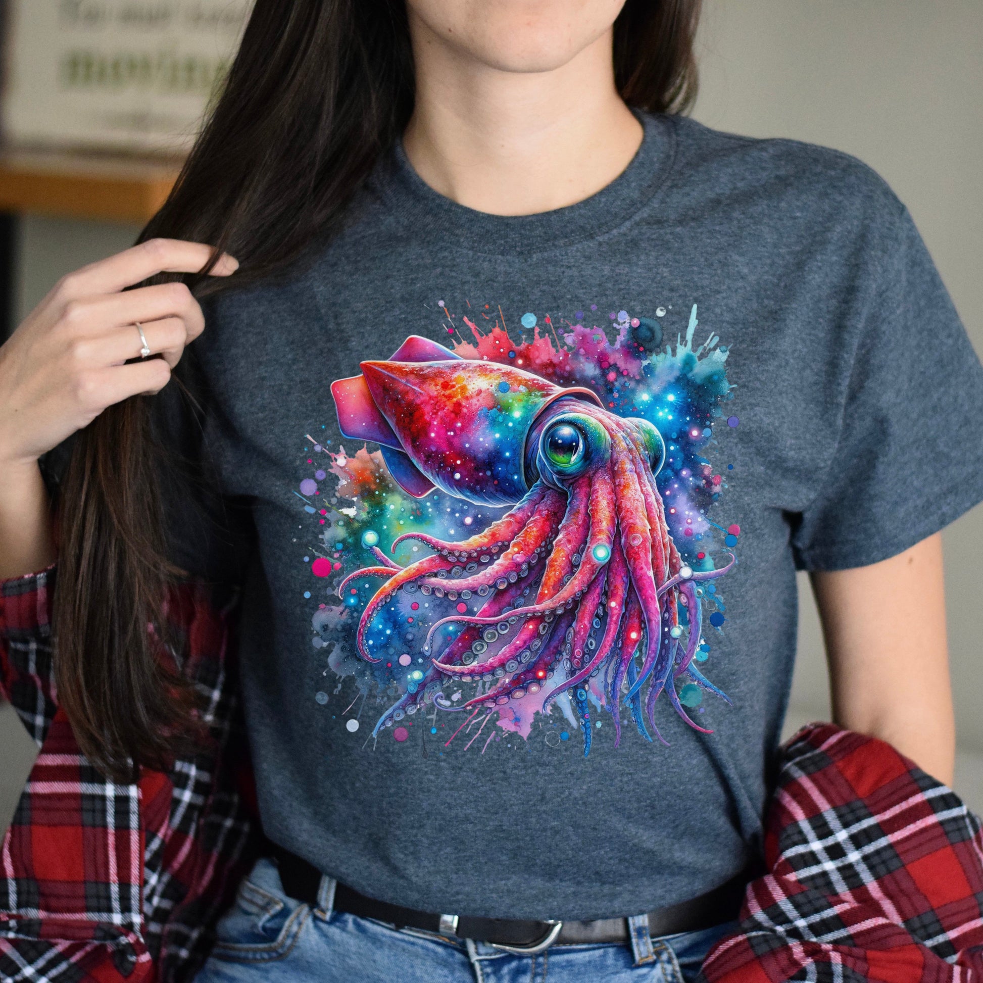 Artistic Vampire Squid Color Splash Unisex T-shirt Black Navy Dark Heather-Dark Heather-Family-Gift-Planet