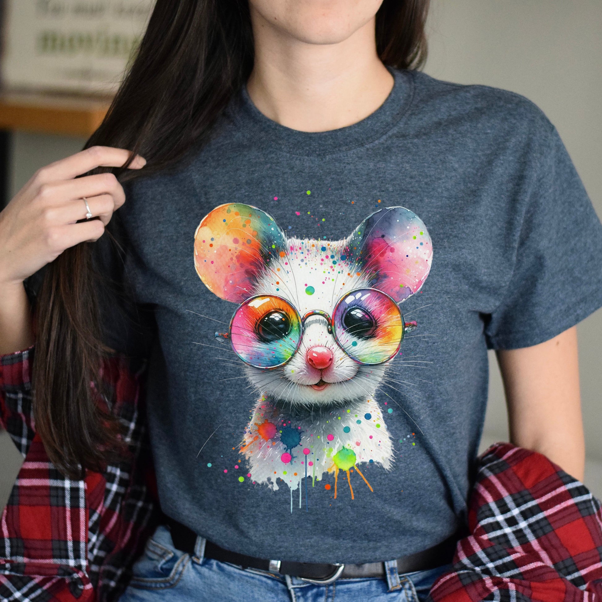 Whimsical mouse with glasses Color Splash Unisex T-shirt Black Navy Dark Heather-Dark Heather-Family-Gift-Planet