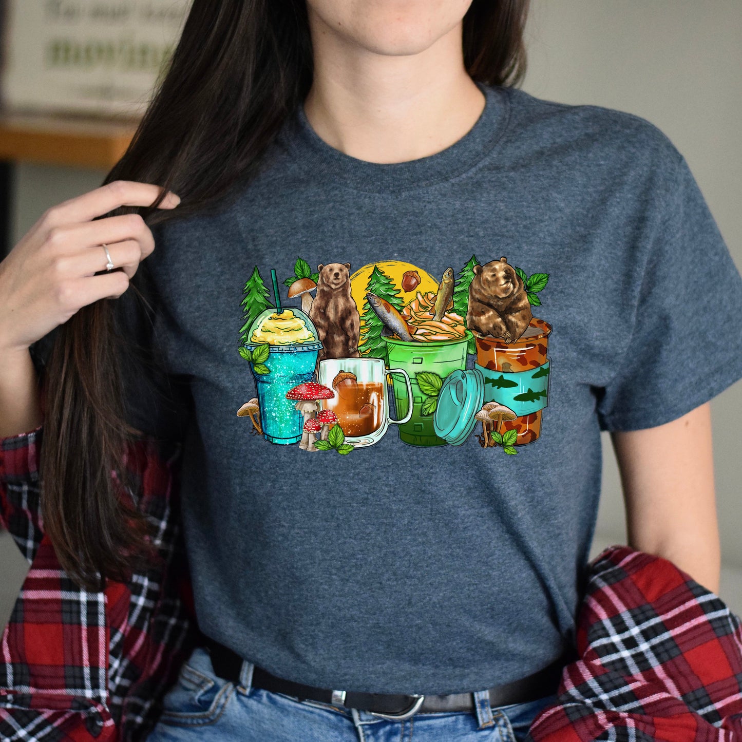 Bear and coffee cups unisex tshirt forest hunter tee S-5XL-Family-Gift-Planet