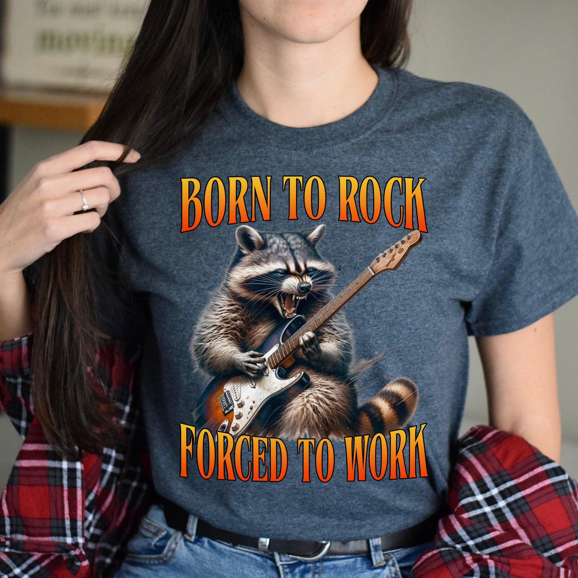 Born to rock forced to work T-Shirt Guitar player funny racoon musician gift Unisex tee Black Navy Dark Heather-Dark Heather-Family-Gift-Planet