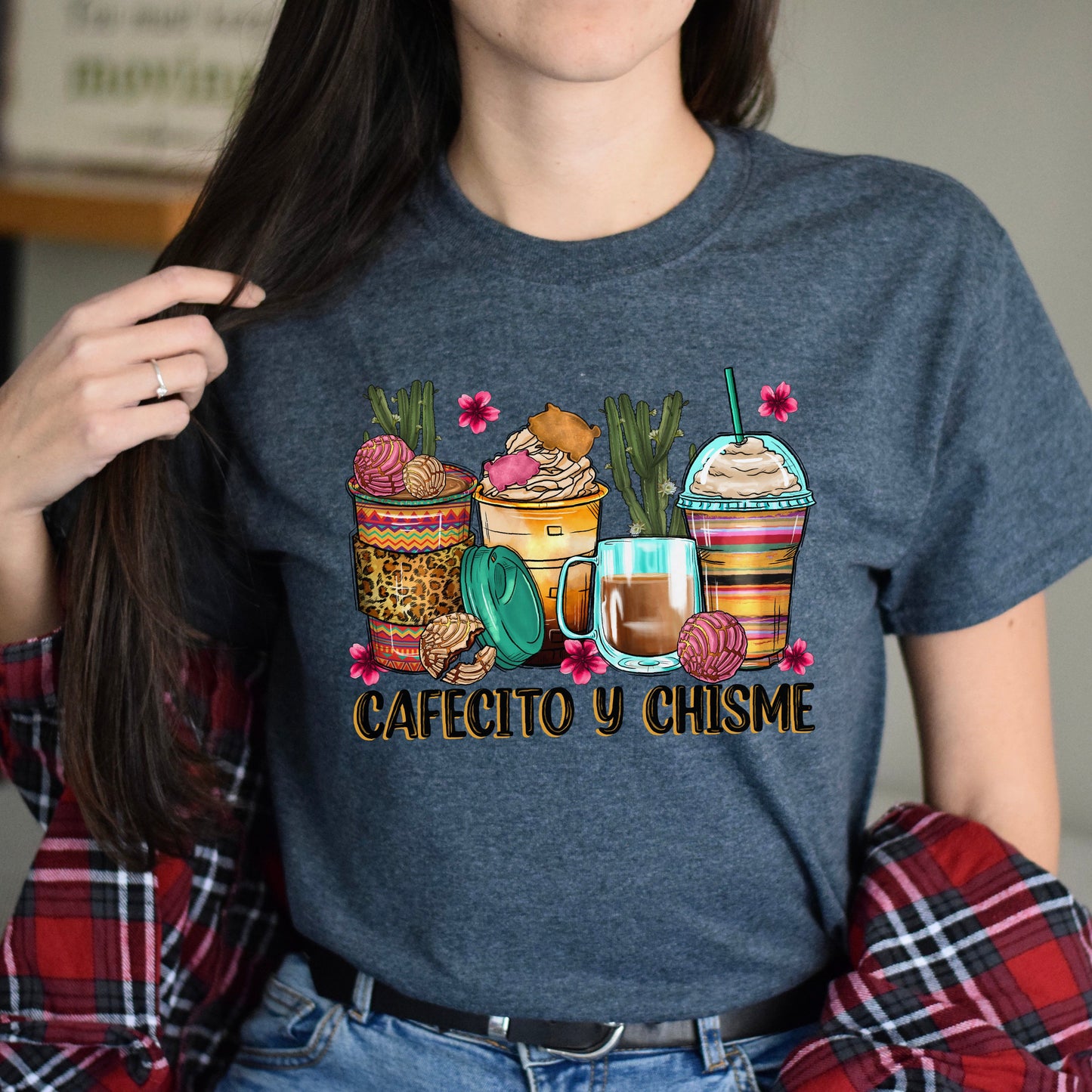 Cafecito y chisme coffee cups unisex tshirt Mexican coffee lover tee S-5XL-Family-Gift-Planet