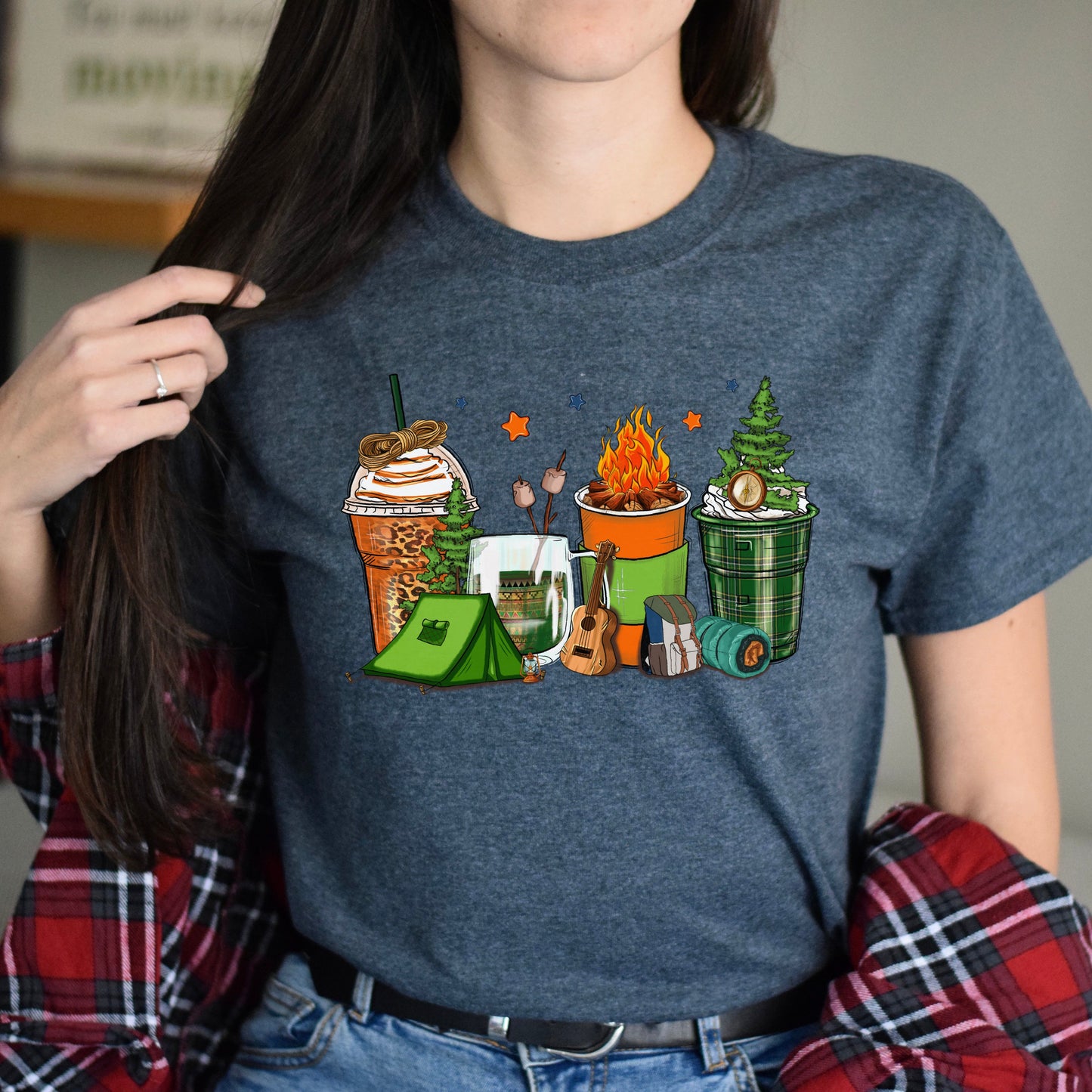 Camping and coffee cups unisex tshirt happy camper tee S-5XL-Family-Gift-Planet