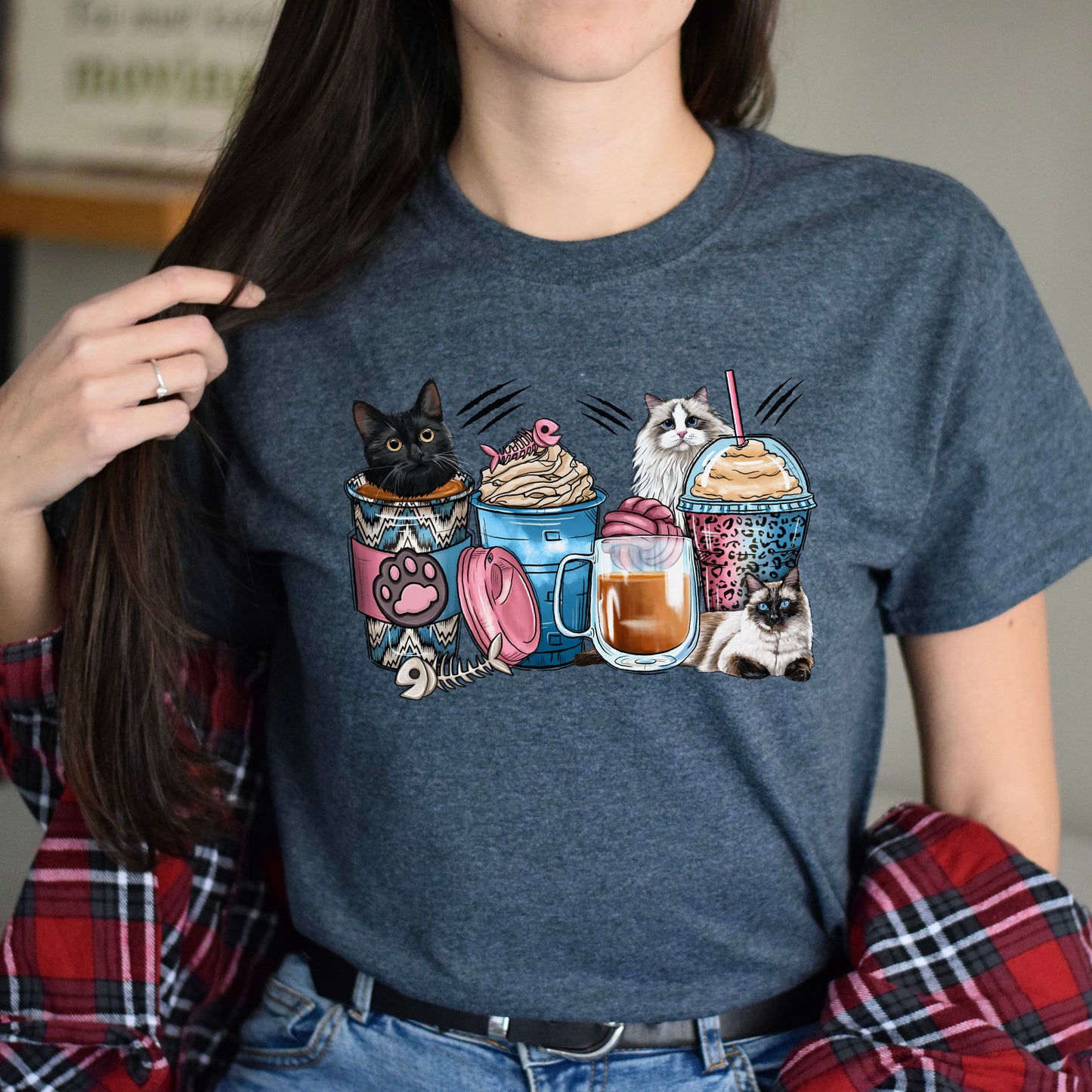 Cats coffee cups unisex tshirt cats owner tee S-5XL-Dark Heather-Family-Gift-Planet