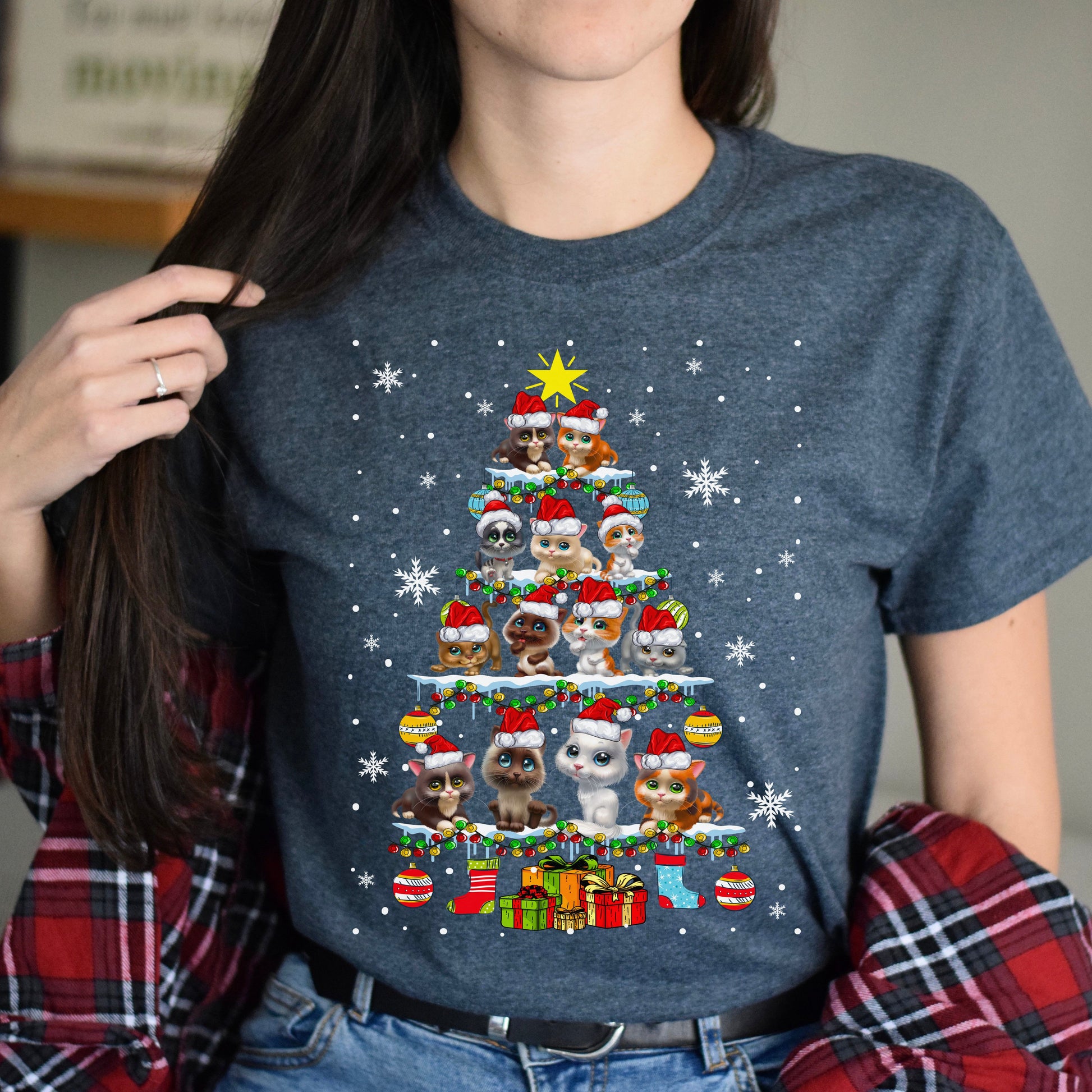 Cat Christmas tree Unisex shirt cat Holiday tee Black Dark Heather-Dark Heather-Family-Gift-Planet