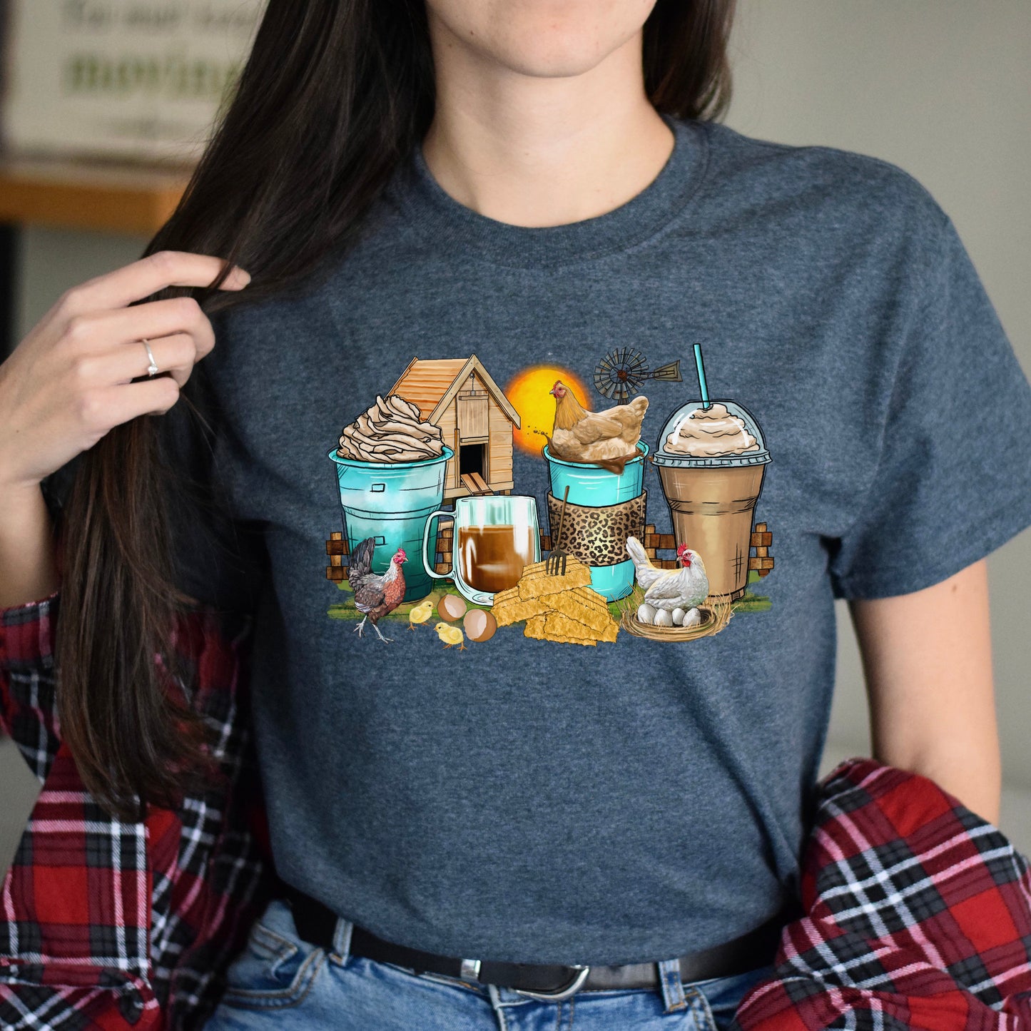 Chicken and coffee cups unisex tshirt farmer chicken owner tee S-5XL-Family-Gift-Planet