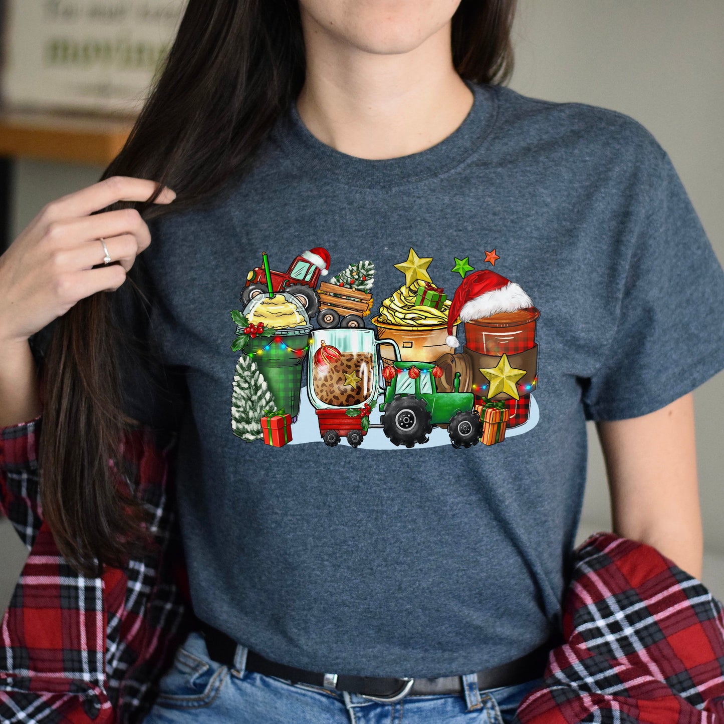 Christmas tractor and coffee cups unisex tshirt tractor owner tee S-5XL-Family-Gift-Planet