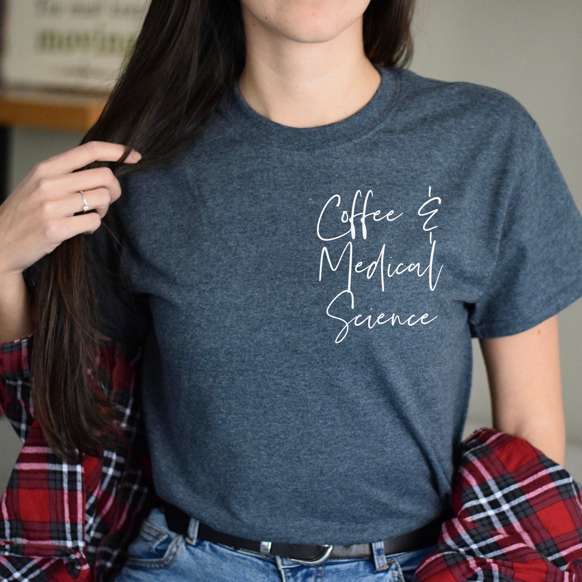 Coffee and medical science pocket Unisex Med scientist tee T-shirt Black Navy Dark Heather-Dark Heather-Family-Gift-Planet