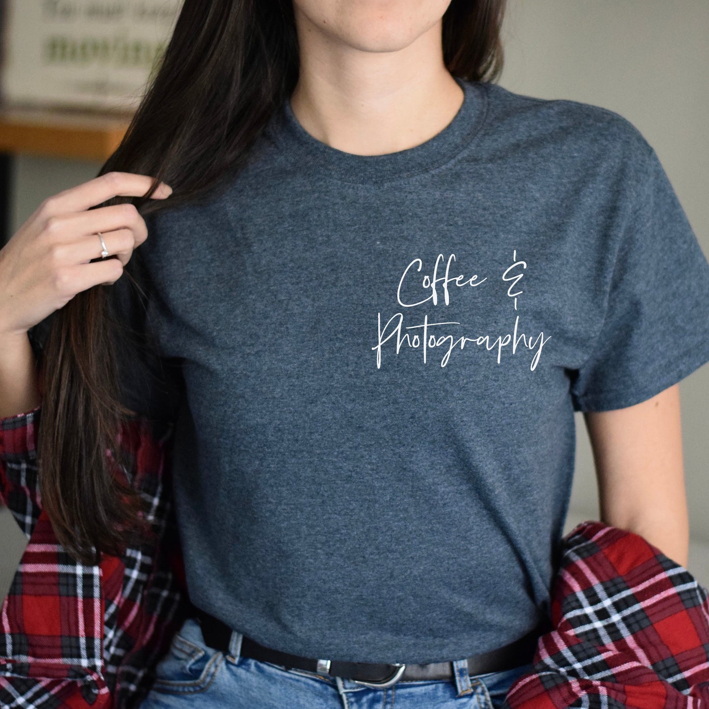 Coffee and photography pocket Unisex T-shirt Photographer tee Black Navy Dark Heather-Dark Heather-Family-Gift-Planet