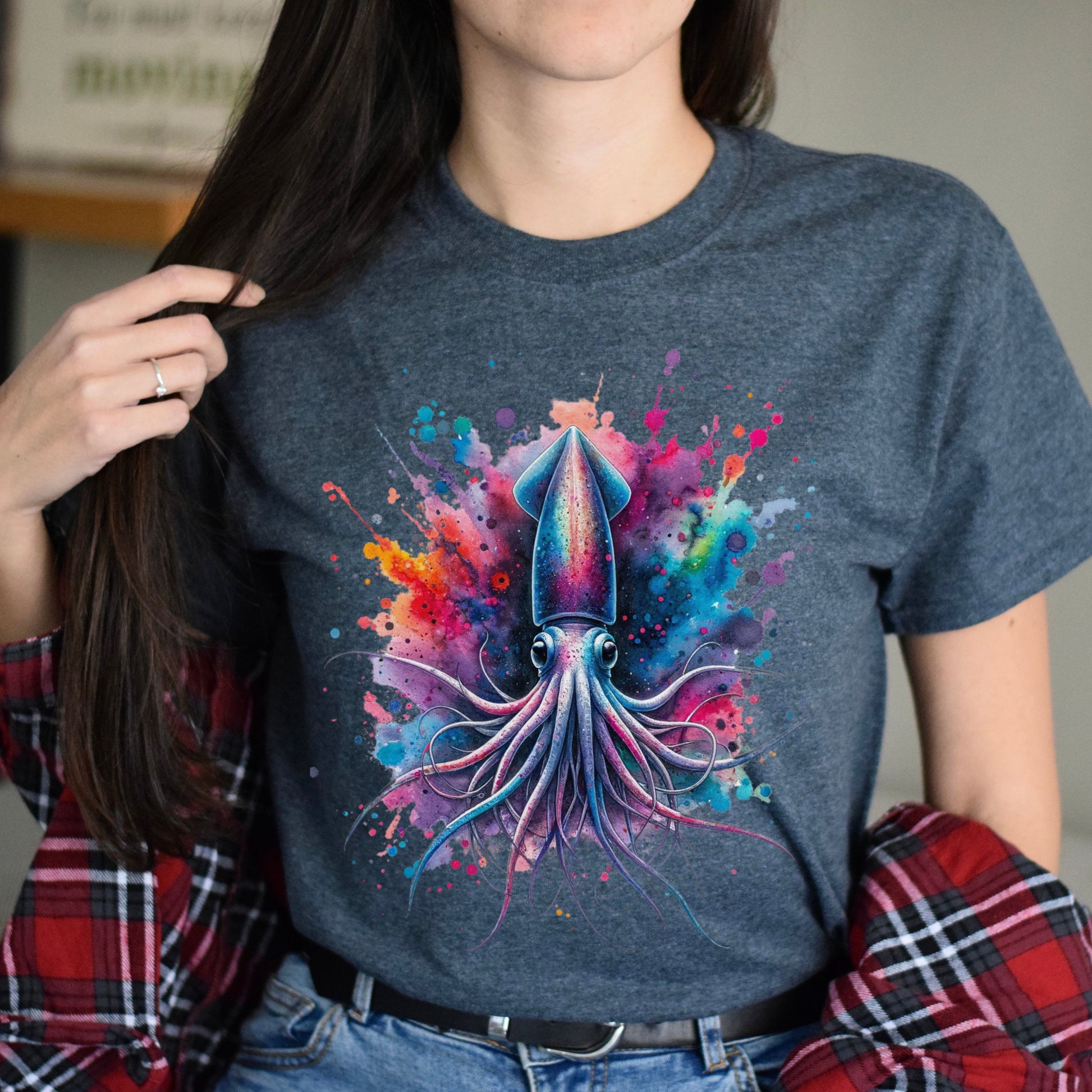 Artistic Deep sea squid Color Splash Unisex T-shirt Black Navy Dark Heather-Family-Gift-Planet