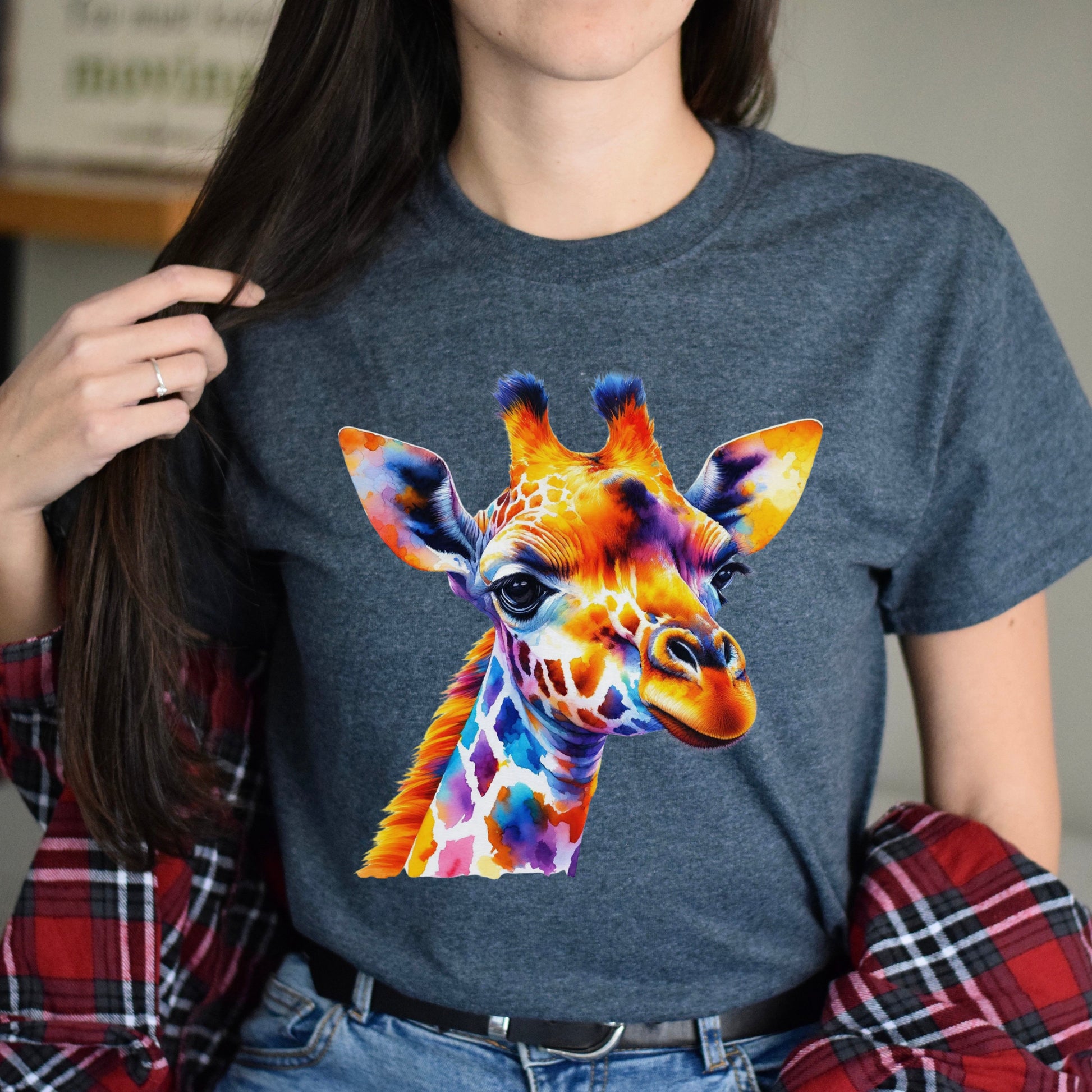 Artistic Giraffe vibrant colorful Unisex T-shirt Black Navy Dark Heather-Family-Gift-Planet