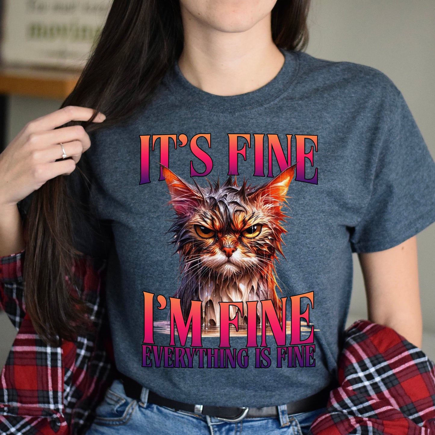 it's fine i'm fine everything is fine T-Shirt Cat sarcastic positive Unisex tee Black Navy Dark Heather-Dark Heather-Family-Gift-Planet