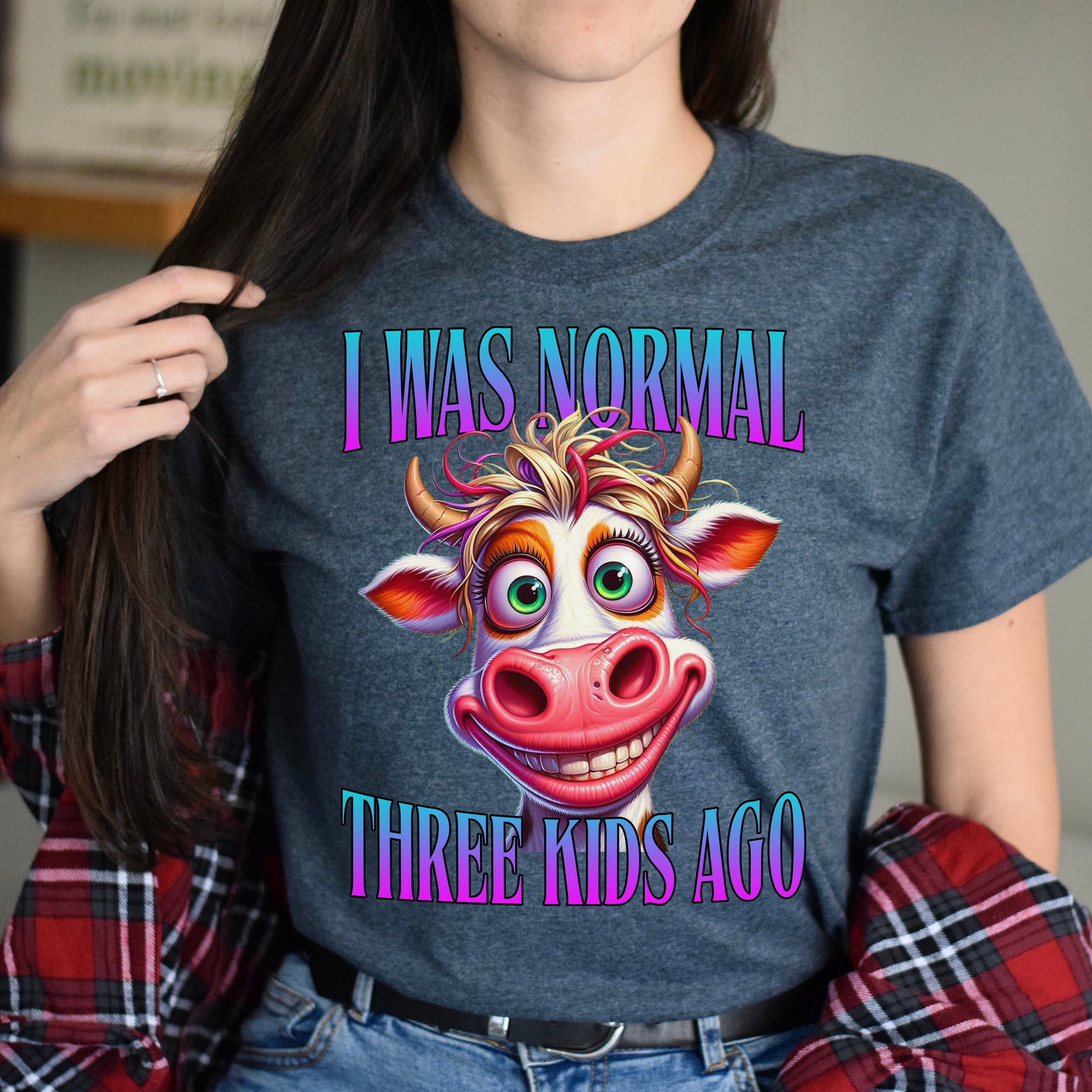 I was normal three kids ago T-Shirt funny Mom of 3 children cow Unisex tee Black Navy Dark Heather-Dark Heather-Family-Gift-Planet