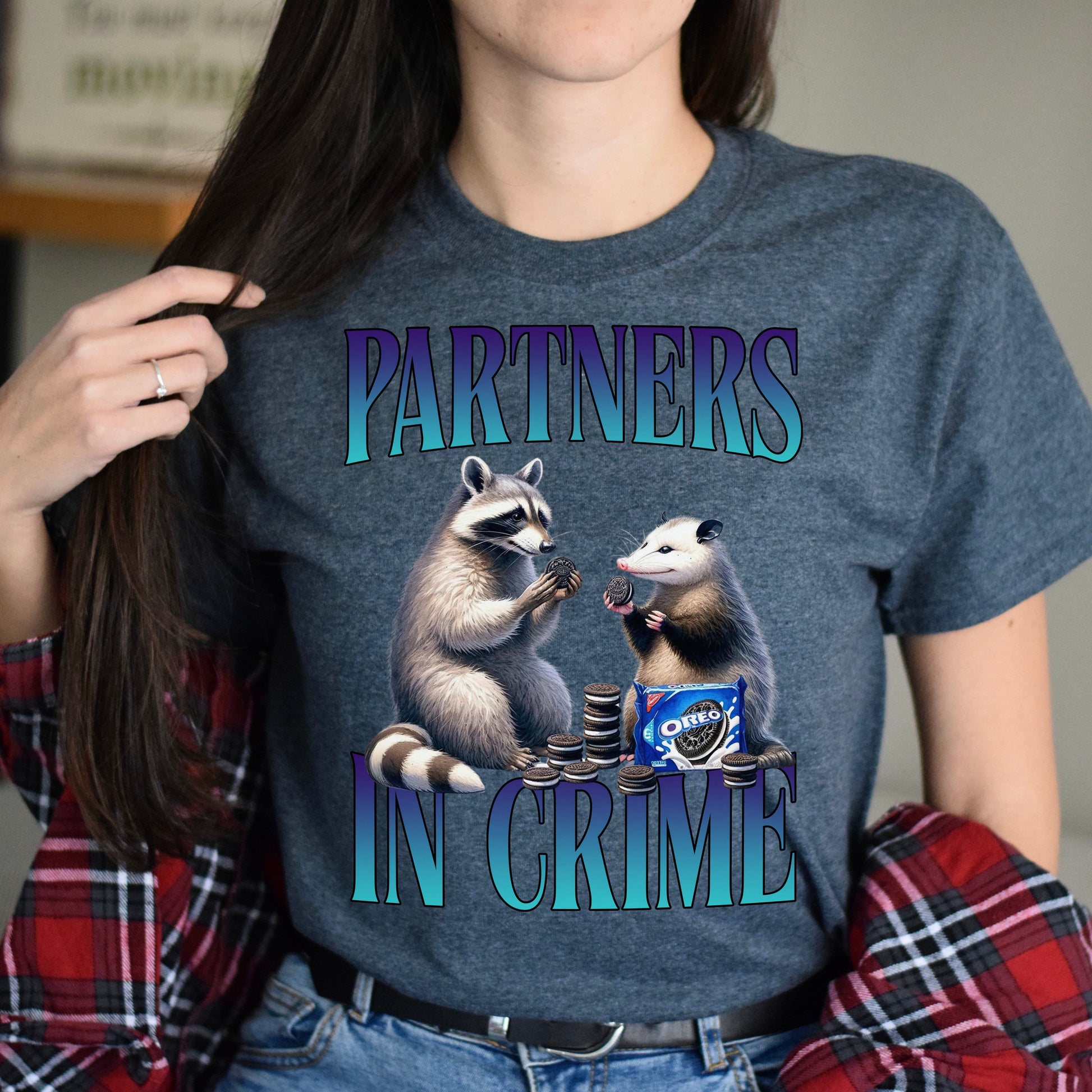 Partners in crime T-Shirt racoon and opossum eat cookies Retro Unisex tee Black Navy Dark Heather-Dark Heather-Family-Gift-Planet