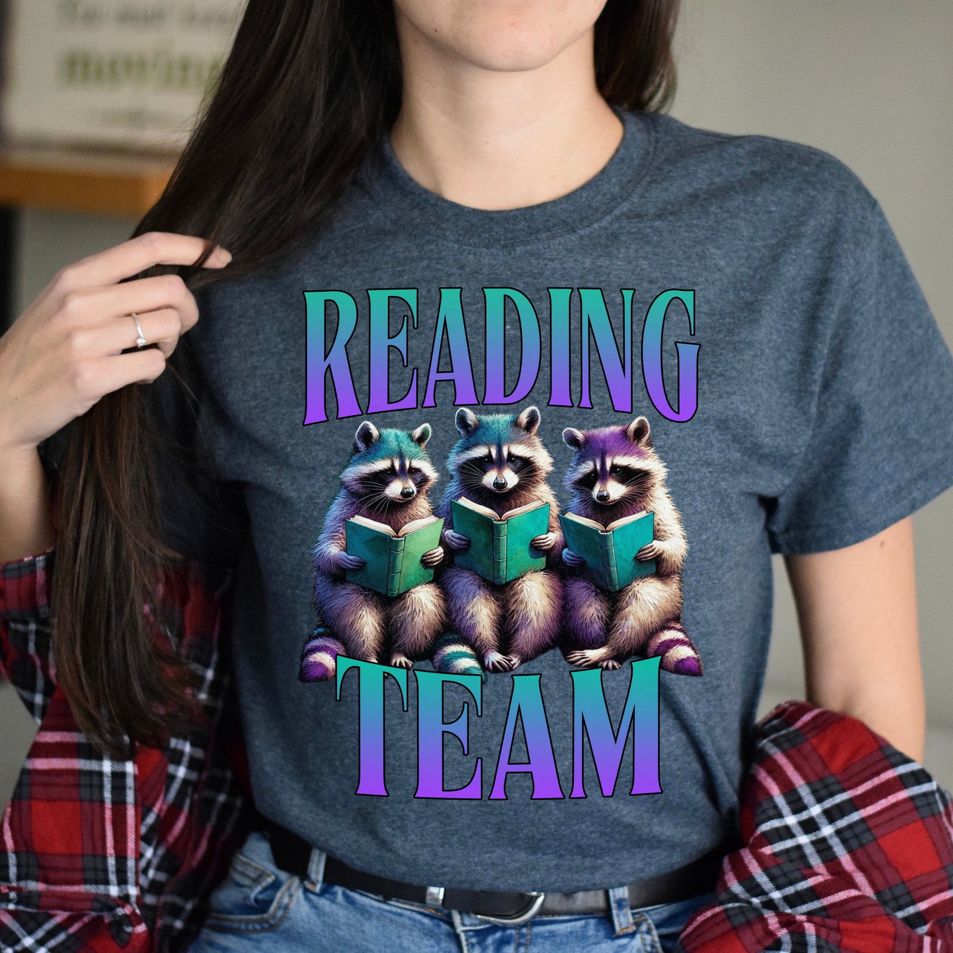 Reading team T-Shirt Reading teacher Racoon Book Librarian gift Unisex tee Black Navy Dark Heather-Dark Heather-Family-Gift-Planet