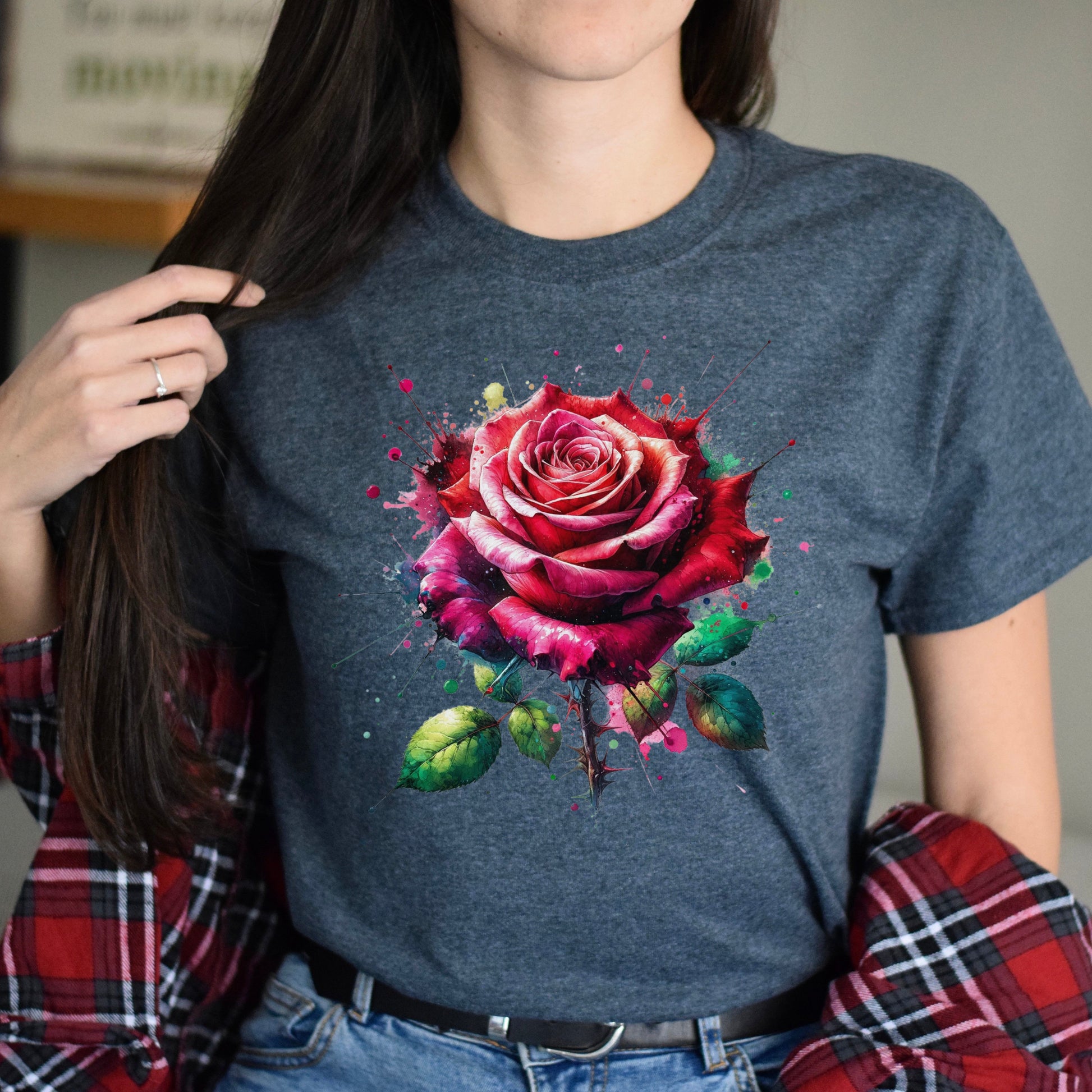 Artistic Rose flower Color Splash Unisex T-shirt Black Navy Dark Heather-Dark Heather-Family-Gift-Planet