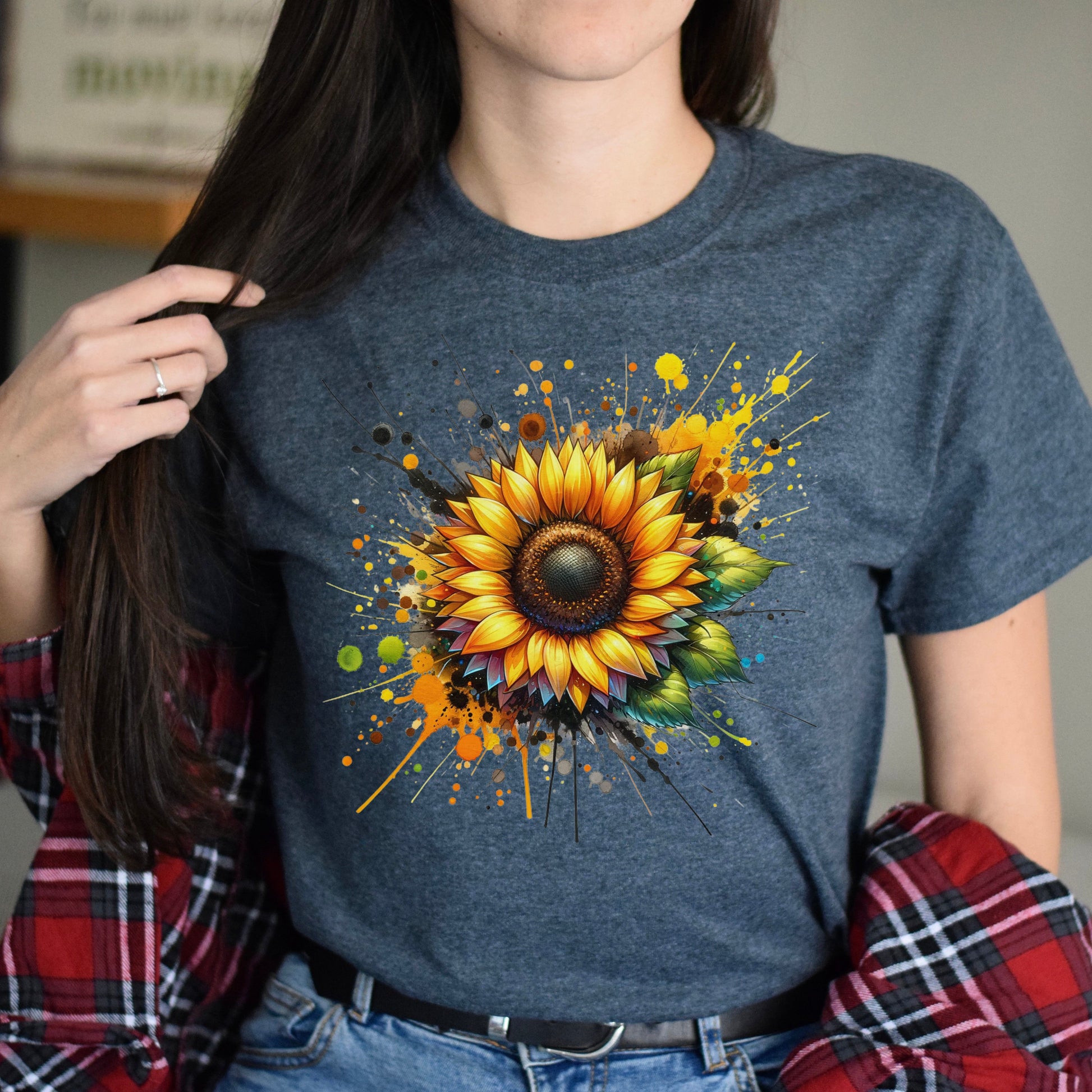 Artistic Sunflower Color Splash Unisex T-shirt Black Navy Dark Heather-Dark Heather-Family-Gift-Planet