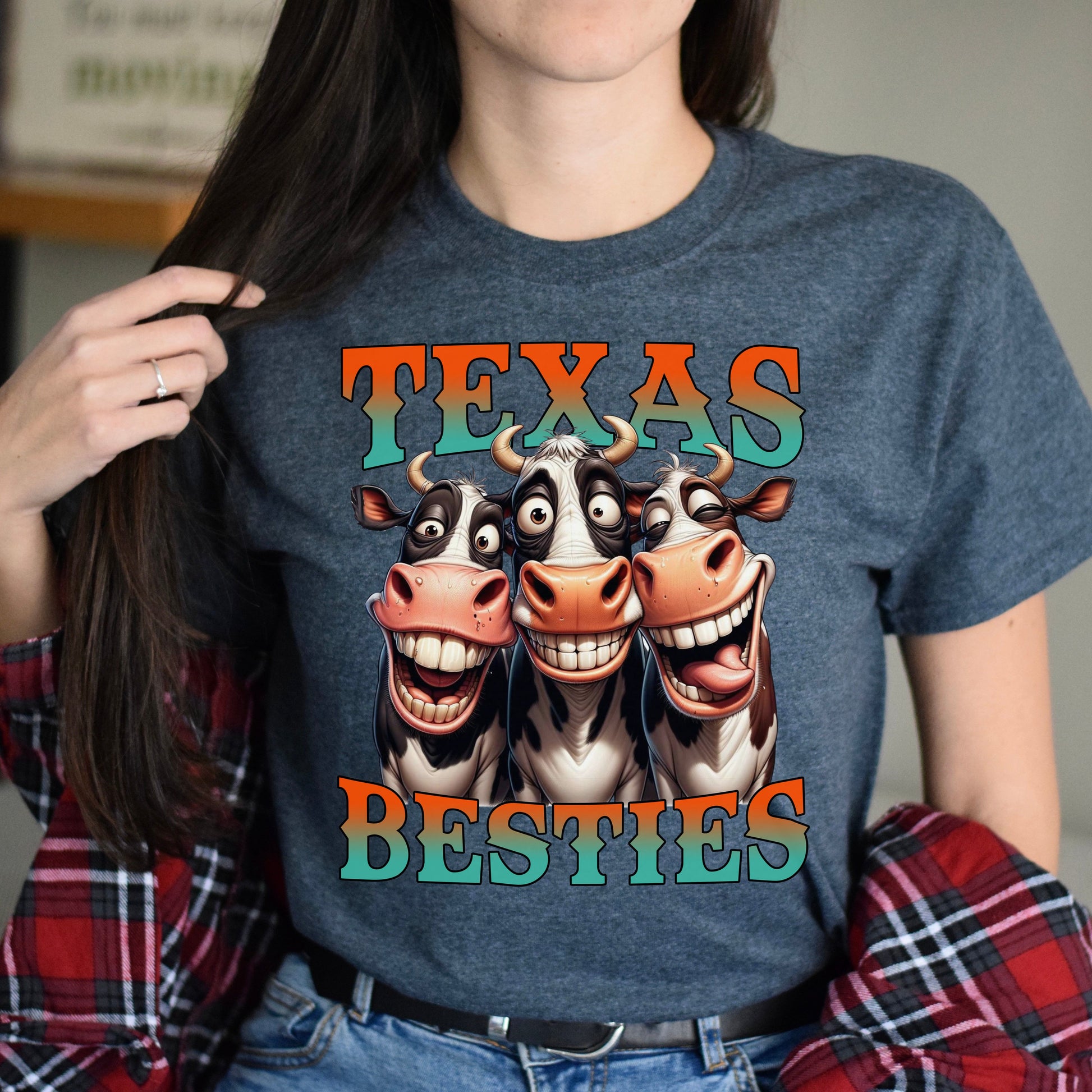 Texas besties T-Shirt Cowgirl funny cows western girl Unisex tee Black Navy Dark Heather-Dark Heather-Family-Gift-Planet