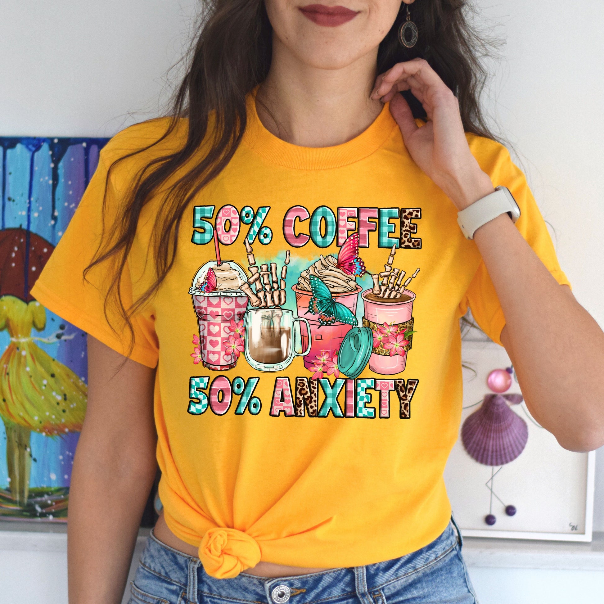 50% coffee 50% anxiety unisex tshirt S-5XL-Family-Gift-Planet