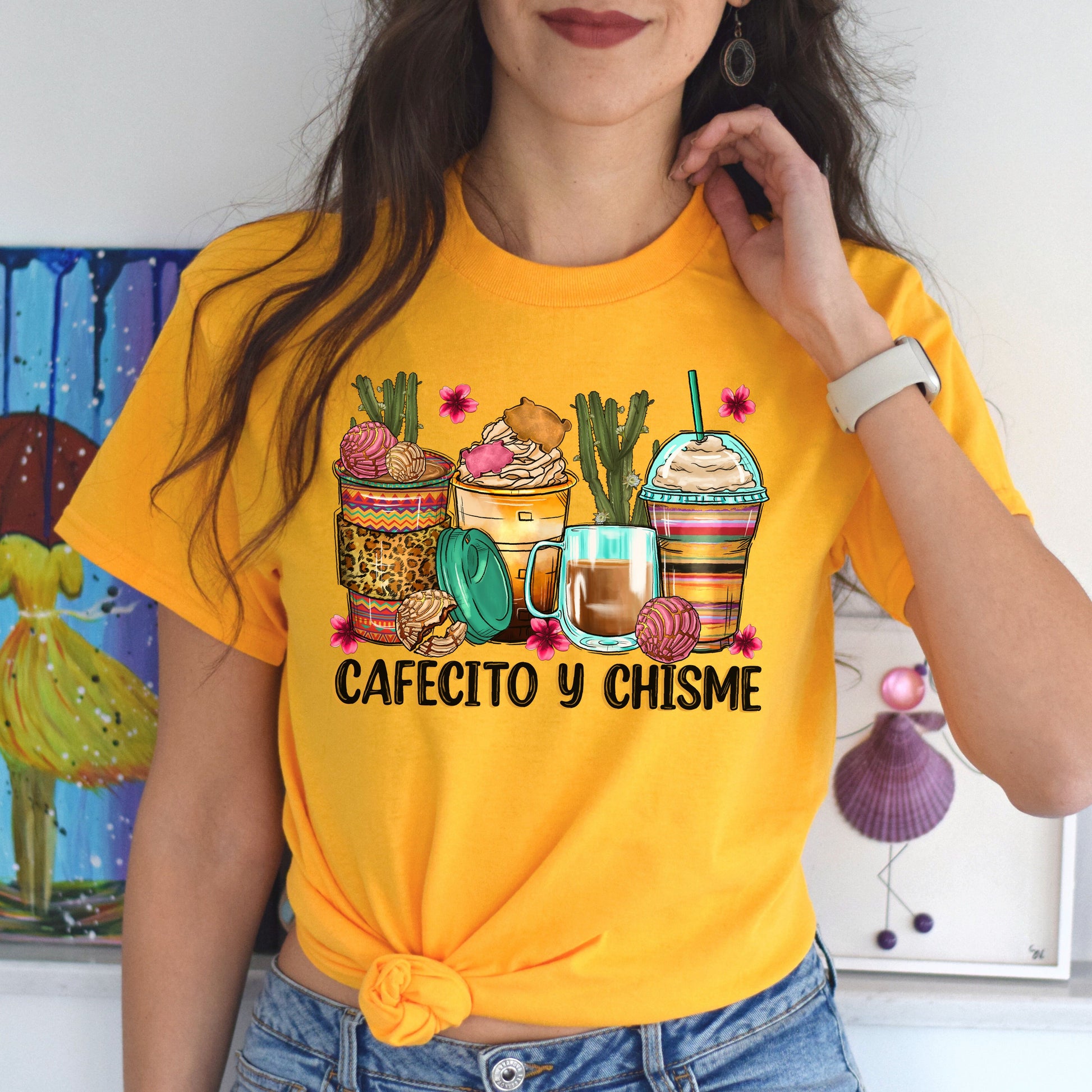 Cafecito y chisme coffee cups unisex tshirt Mexican coffee lover tee S-5XL-Family-Gift-Planet