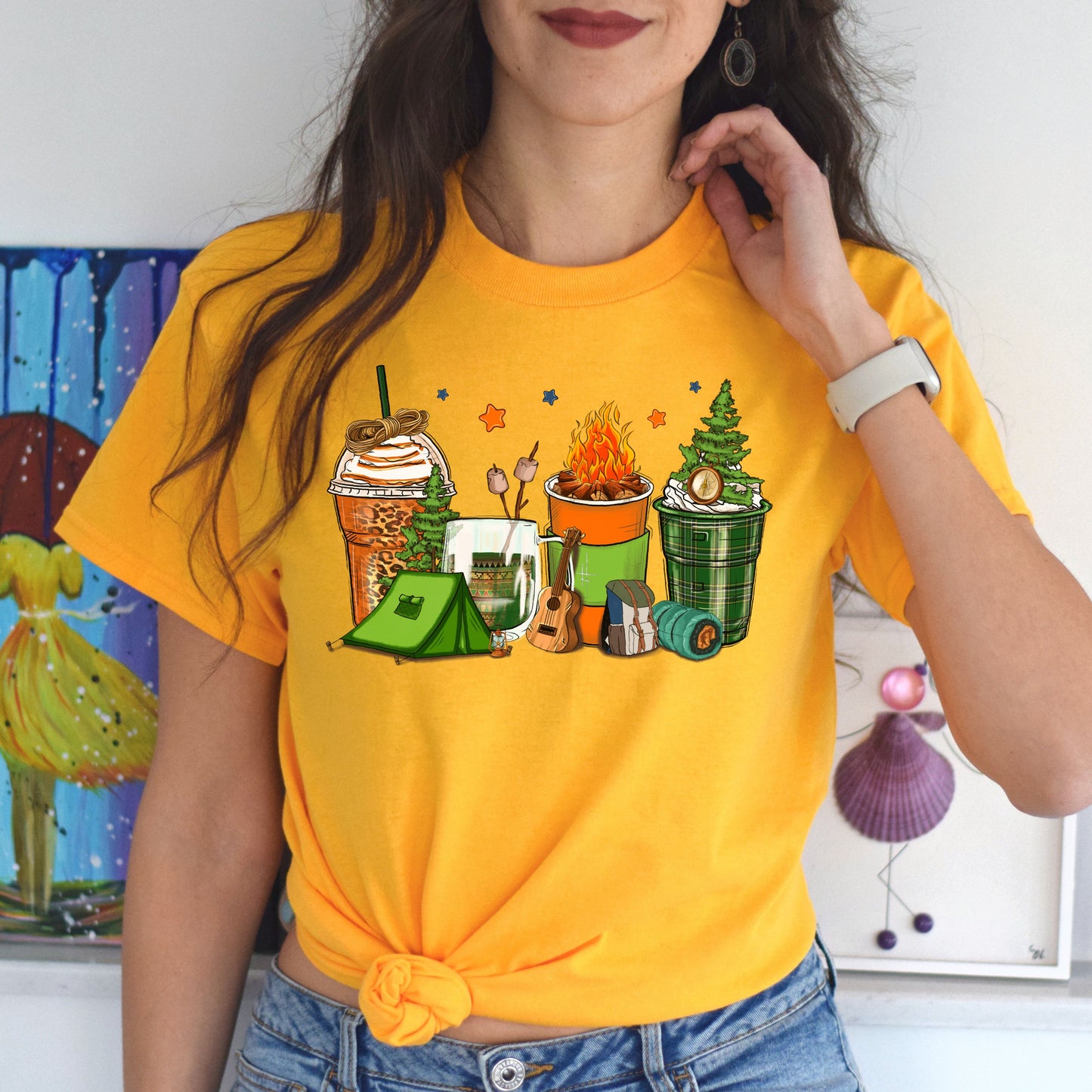 Camping and coffee cups unisex tshirt happy camper tee S-5XL-Family-Gift-Planet