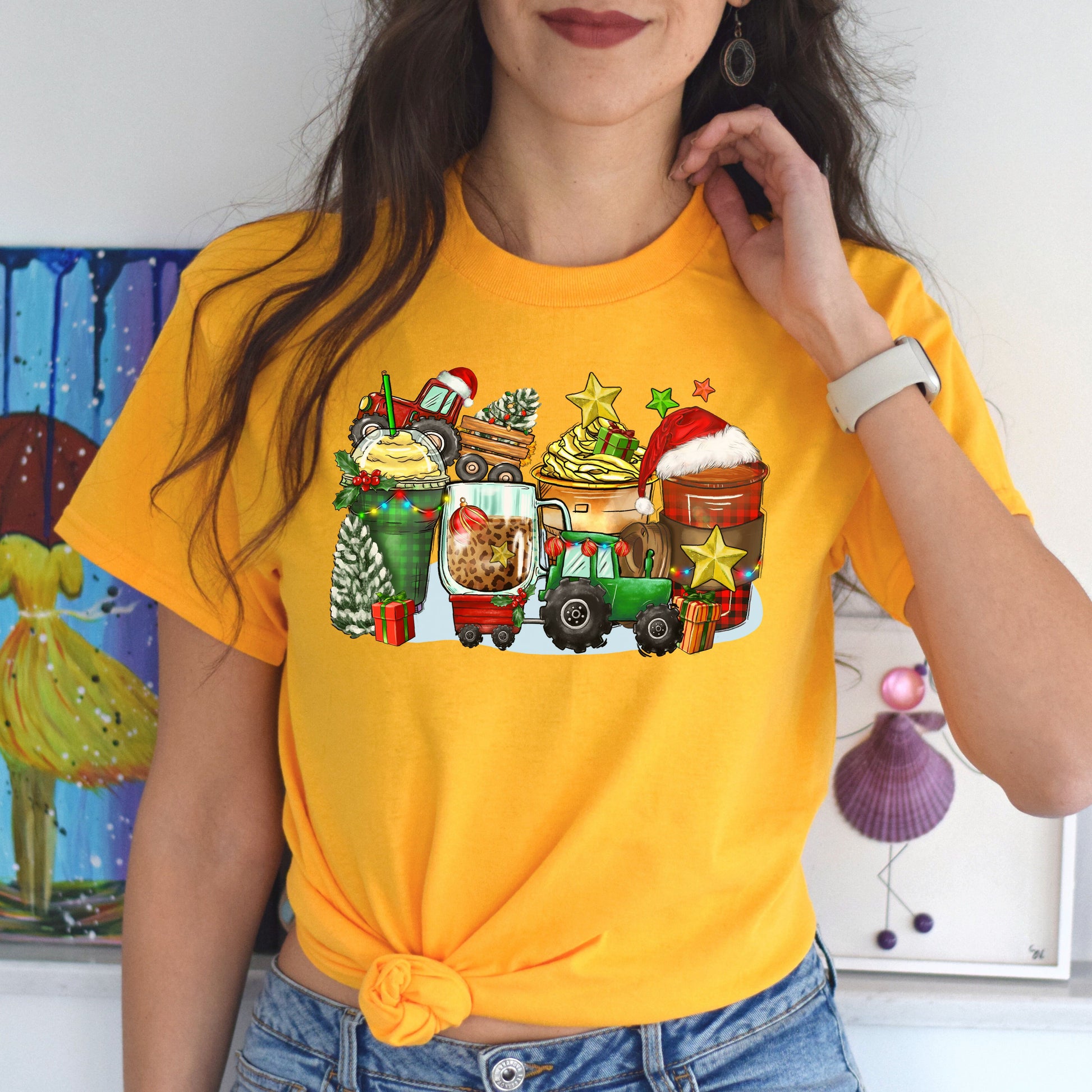 Christmas tractor and coffee cups unisex tshirt tractor owner tee S-5XL-Family-Gift-Planet