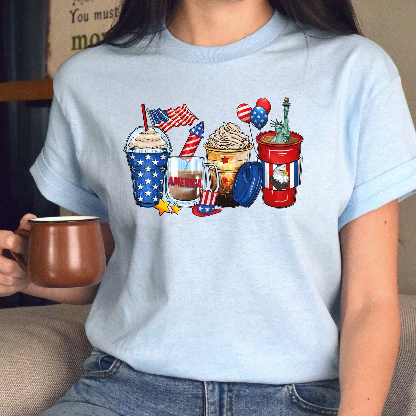 4th of July coffee cups unisex tshirt US Independence day S-5XL-Light Blue-Family-Gift-Planet