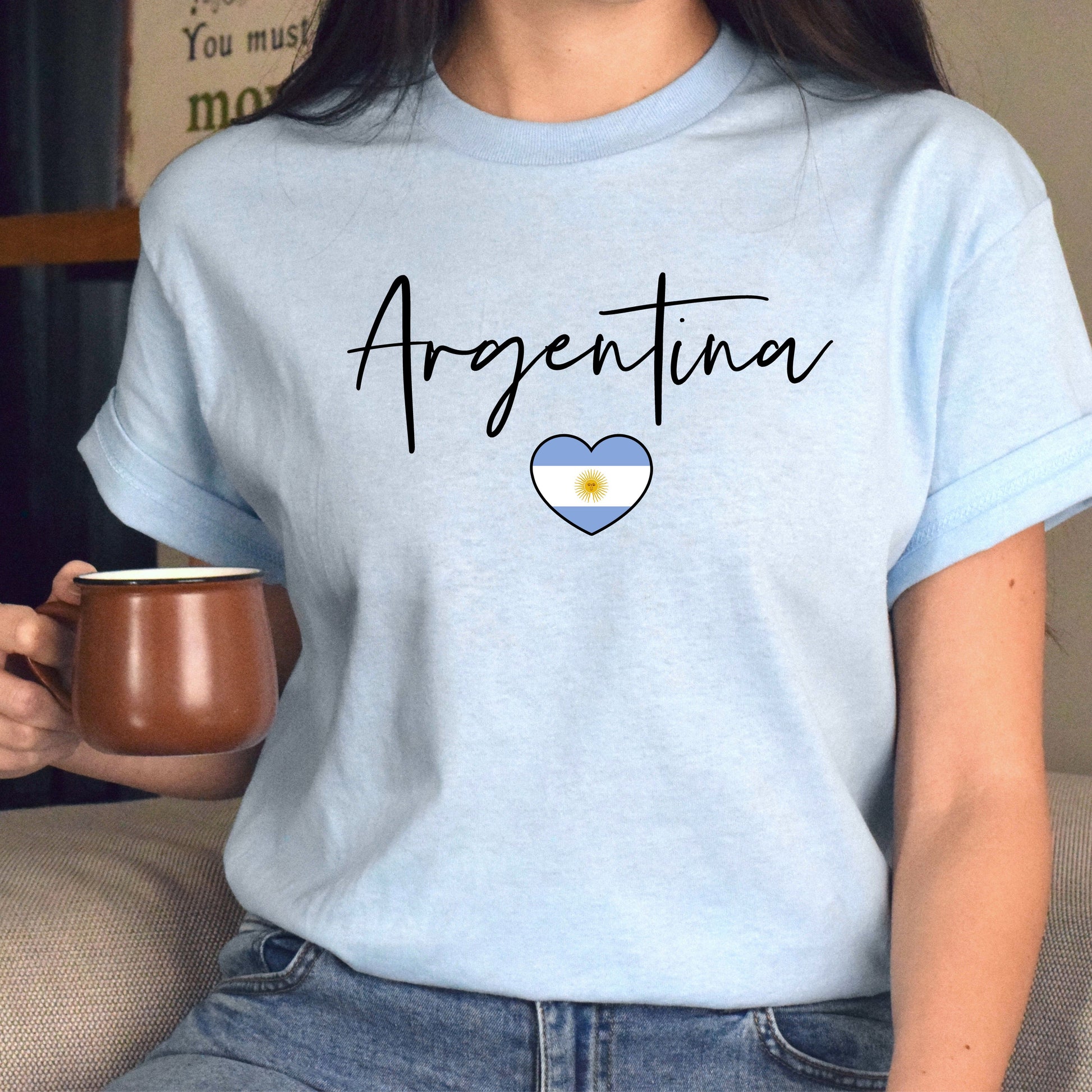 Argentina flag heart Unisex T-shirt Argentina love tee White Sand Blue-Light Blue-Family-Gift-Planet