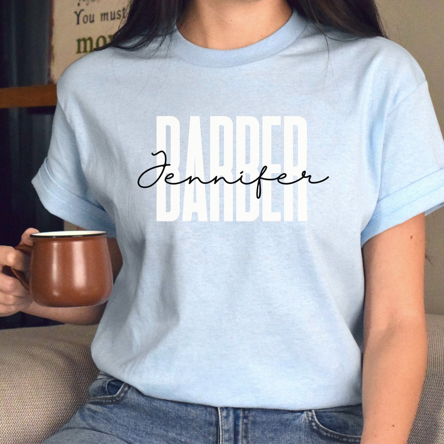 Personalized Barber Unisex T-shirt Custom name haircutter Sand Blue Pink-Light Blue-Family-Gift-Planet