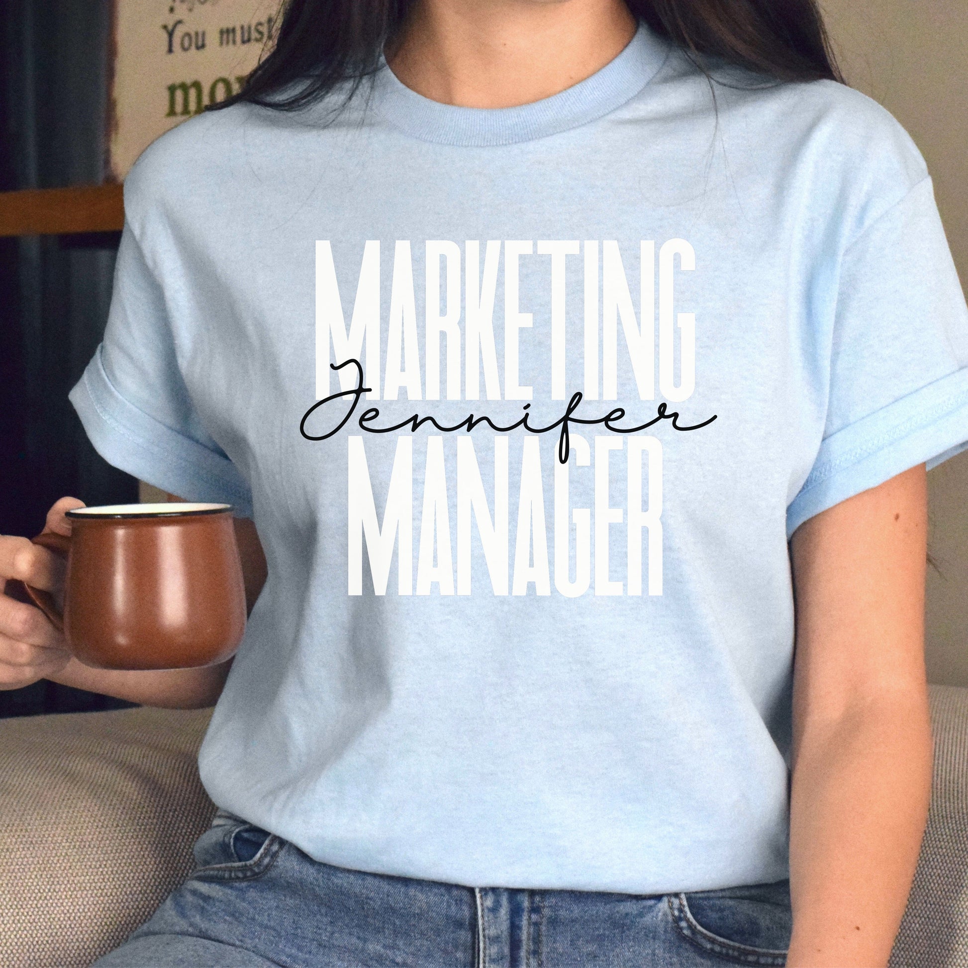 Personalized T-Shirt gift Marketing Manager Custom name Social Media Marketer Unisex Tee Sand Pink Blue-Light Blue-Family-Gift-Planet