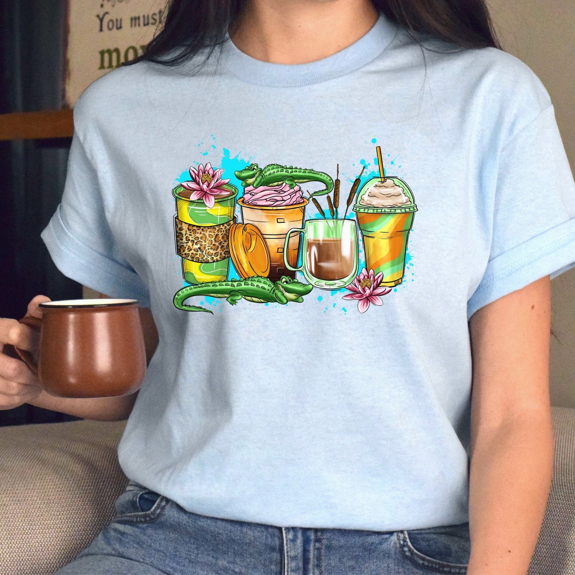 Aligator and coffee cups unisex tshirt jungle crocodile tee S-5XL-Family-Gift-Planet