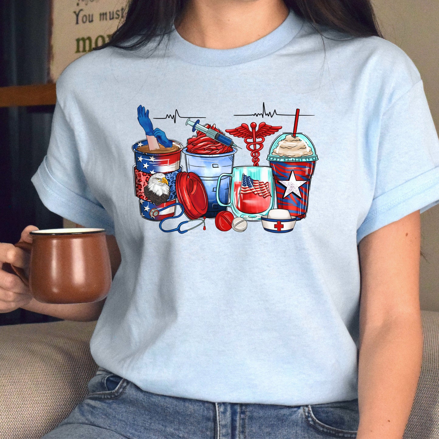 American nurse coffee cups unisex tshirt US registered nurse tee S-5XL-Family-Gift-Planet