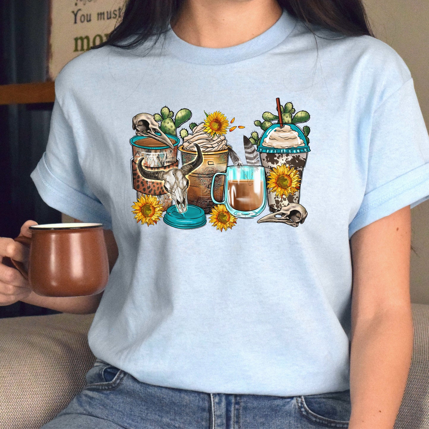 Bull skull and coffee cups unisex tshirt S-5XL-Family-Gift-Planet