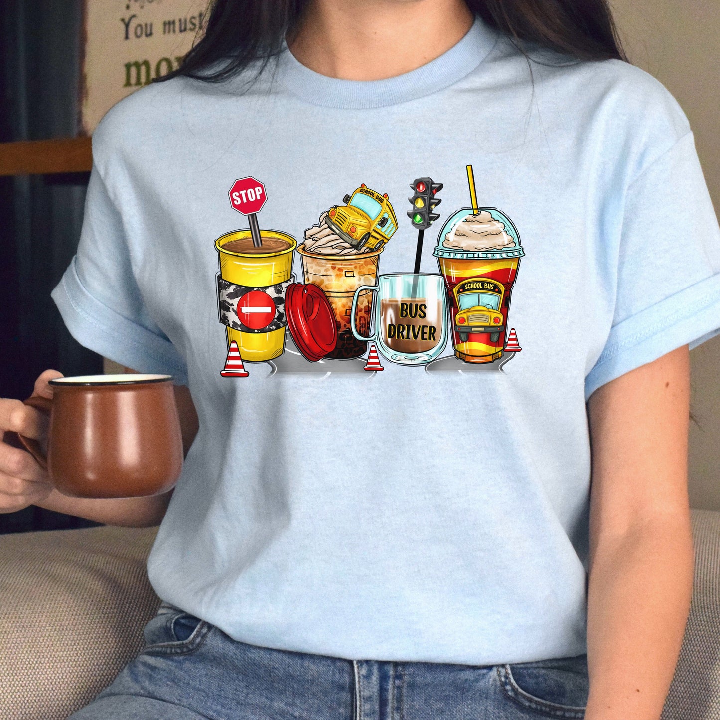 School bus driver and coffee cups unisex tshirt back to school tee S-5XL-Light Blue-Family-Gift-Planet